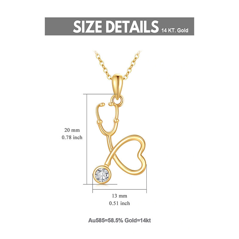 14K Gold Cubic Zirconia Heart & Stethoscope Pendant Necklace