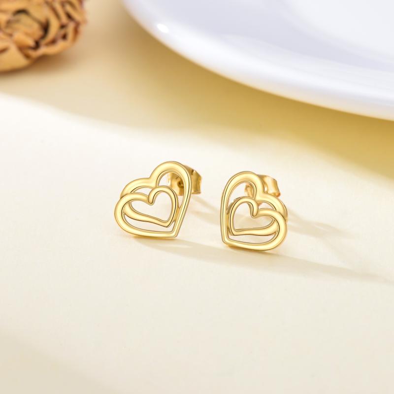 14K Gold Heart With Heart Stud Earrings For Women