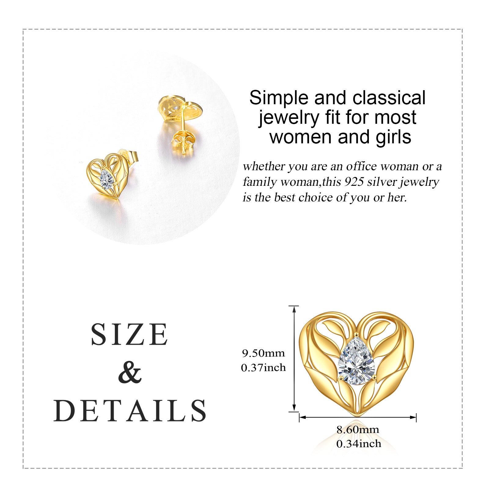 14K Gold Cubic Zirconia Heart Stud Earrings