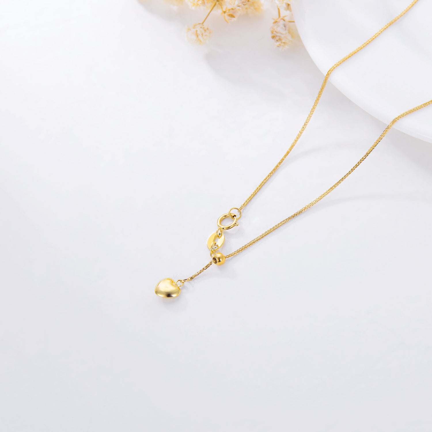 14K Gold Heart Wheat Chain Necklace