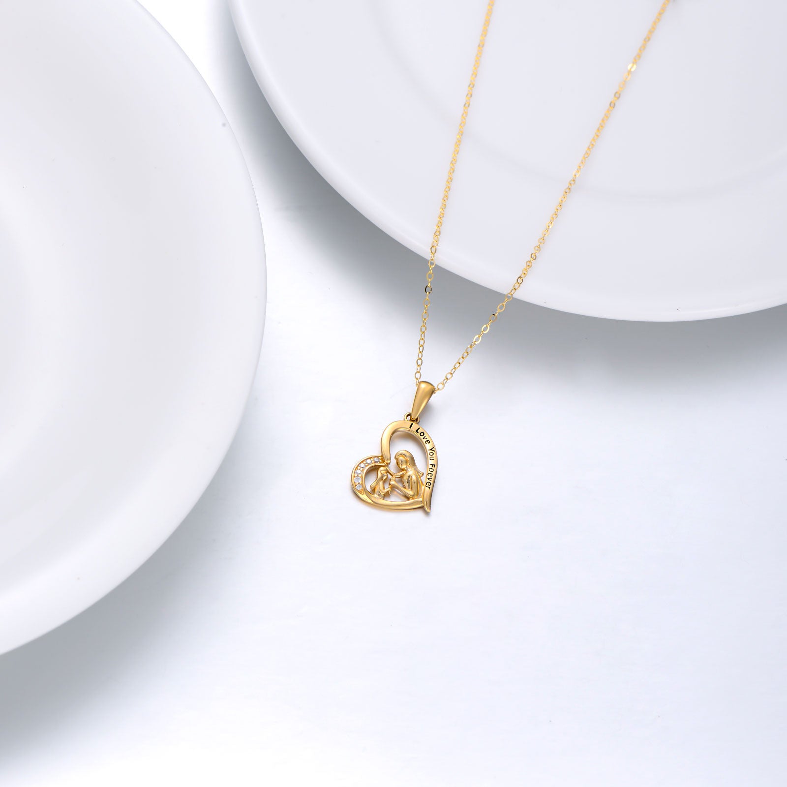 14K Yellow Gold Heart Zircon Mother With Daughter Heart Pendant Necklace For Women