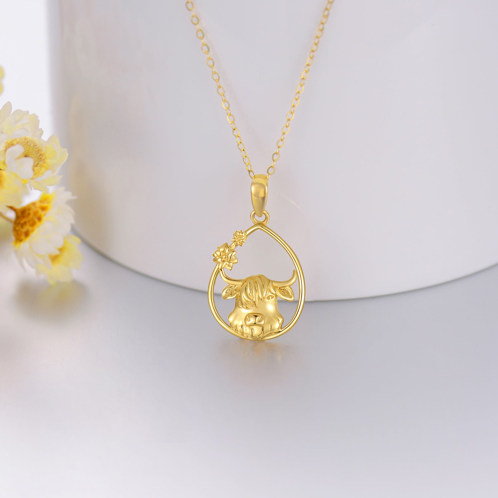 14K Gold Highland Cow & Drop Shape Pendant Necklace