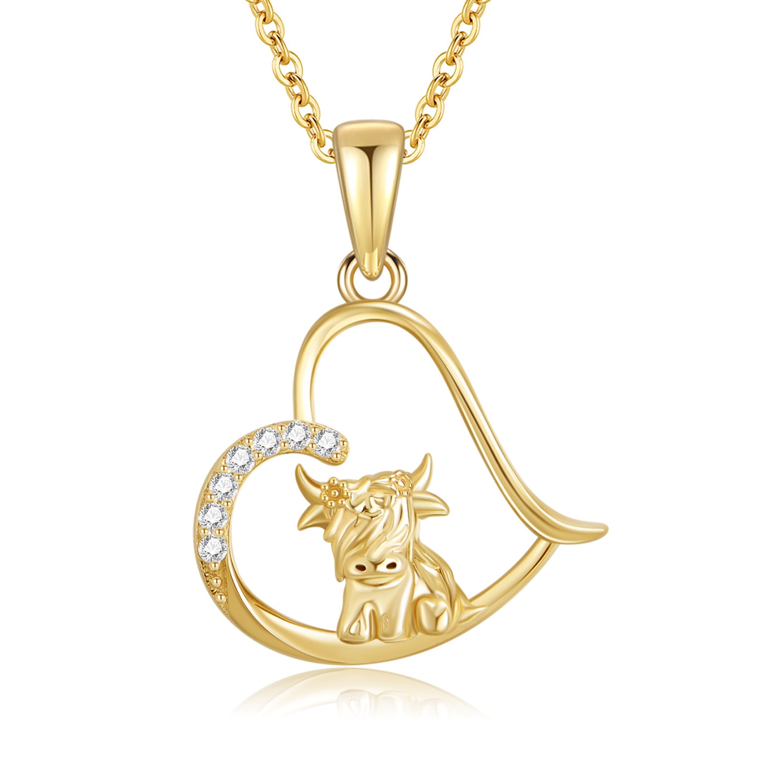 14K Gold Cubic Zirconia Highland Cow & Heart Pendant Necklace