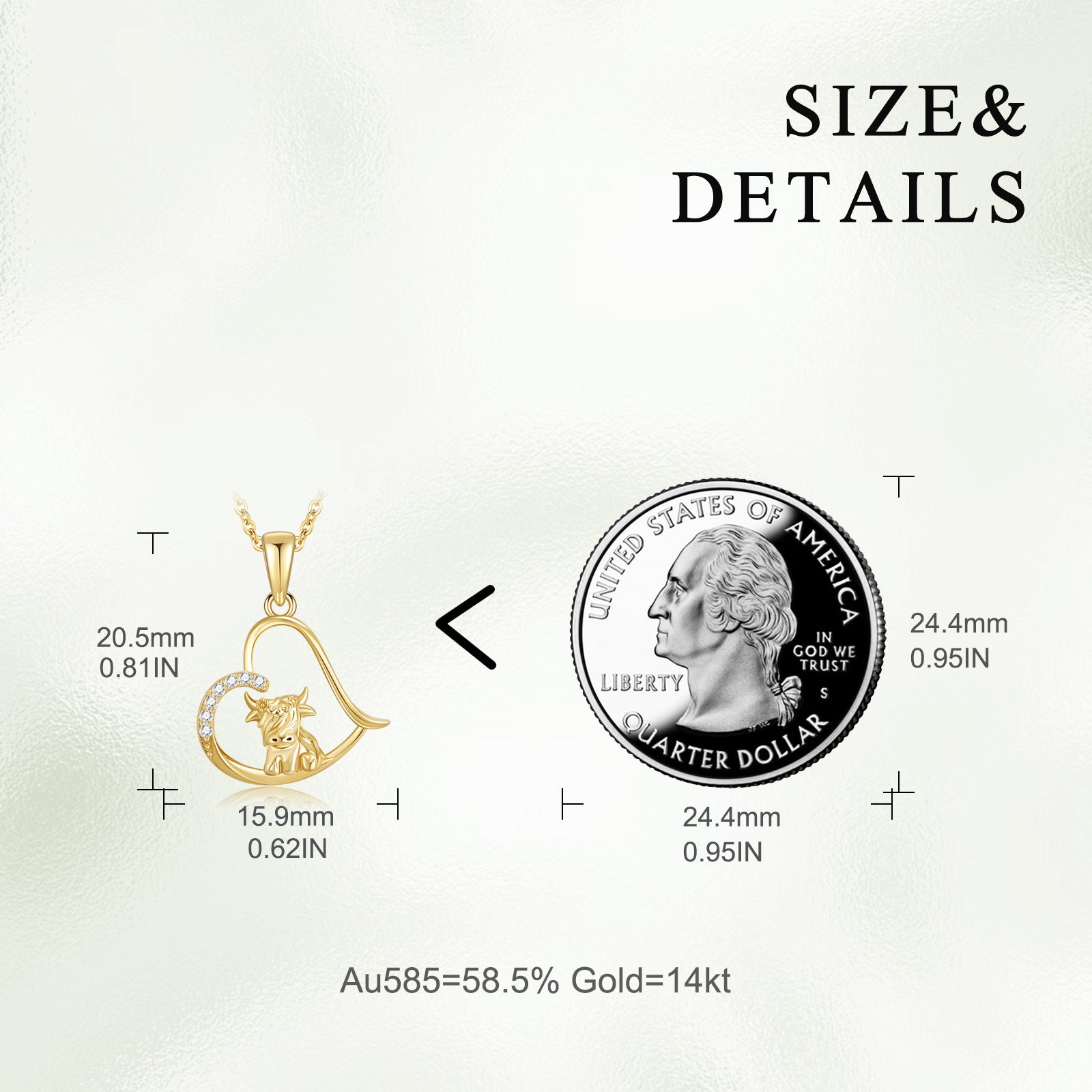 14K Gold Cubic Zirconia Highland Cow & Heart Pendant Necklace