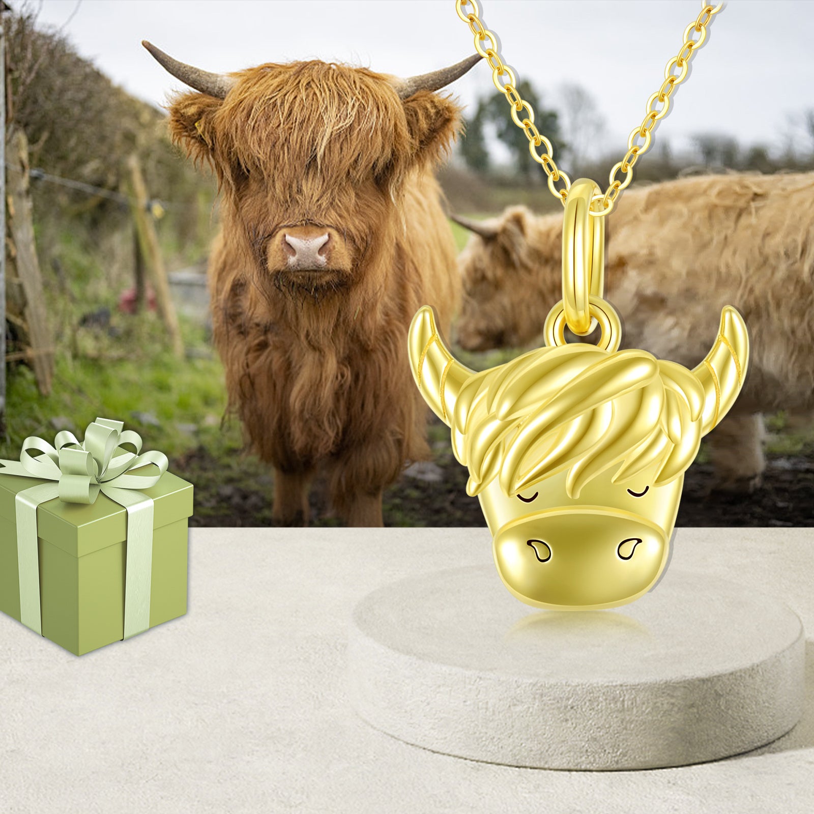 14K Gold Highland Cow Pendant Necklace