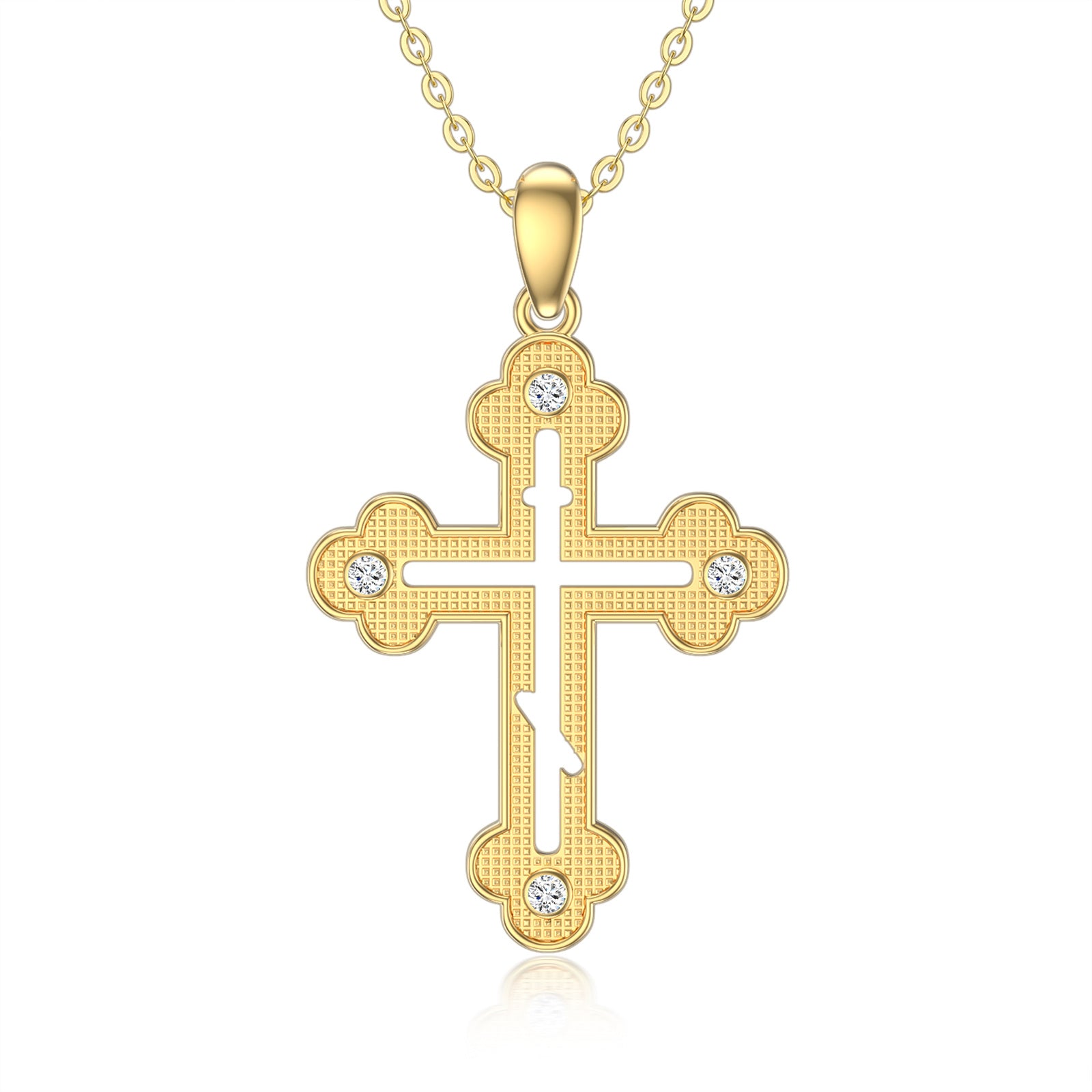 14K Gold Cubic Zirconia Hollow Cloud Cross Pendant Necklace