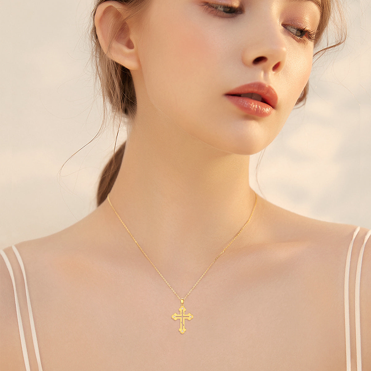 14K Gold Cubic Zirconia Hollow Cloud Cross Pendant Necklace