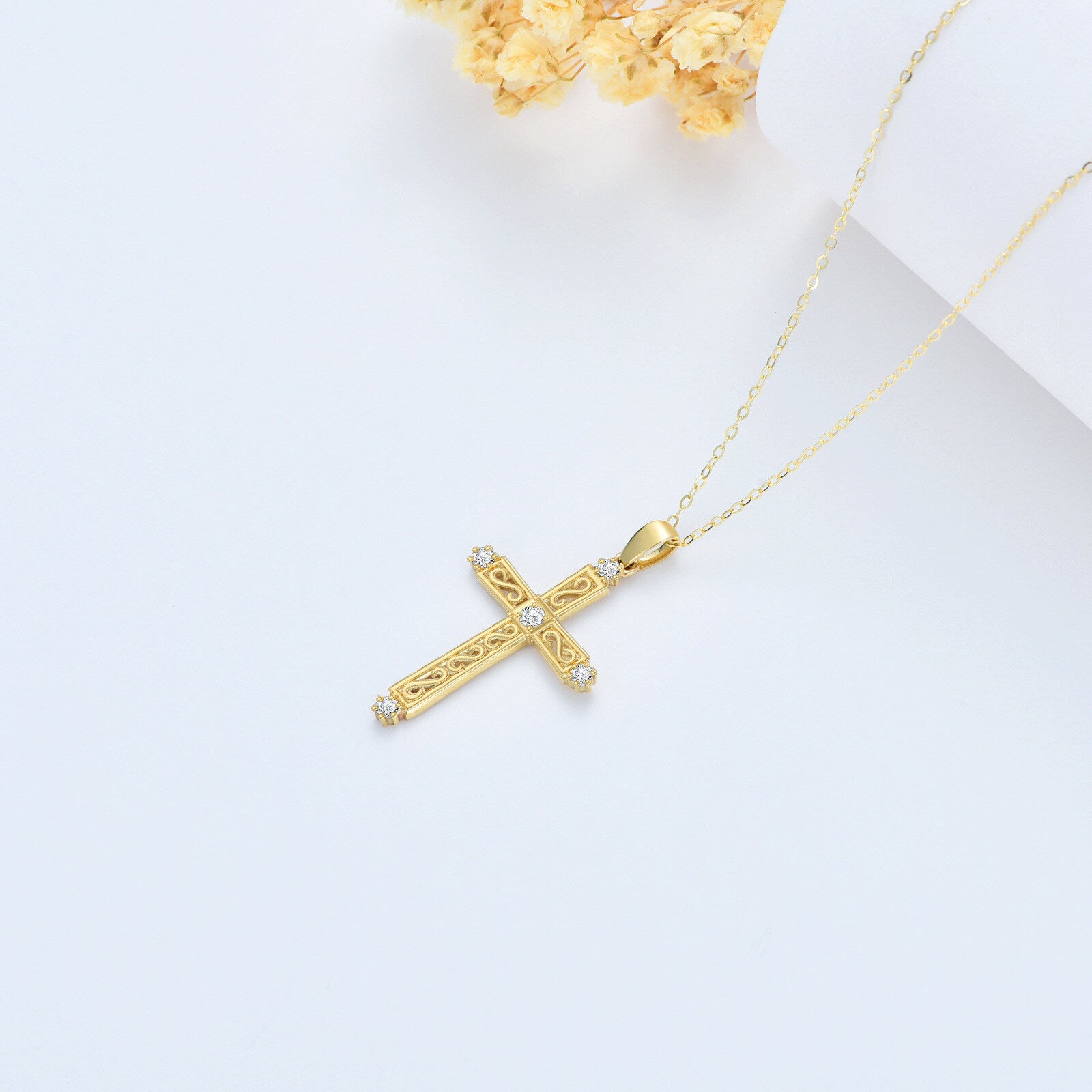 14K Gold Cubic Zirconia Hollow Cross Pendant Necklace