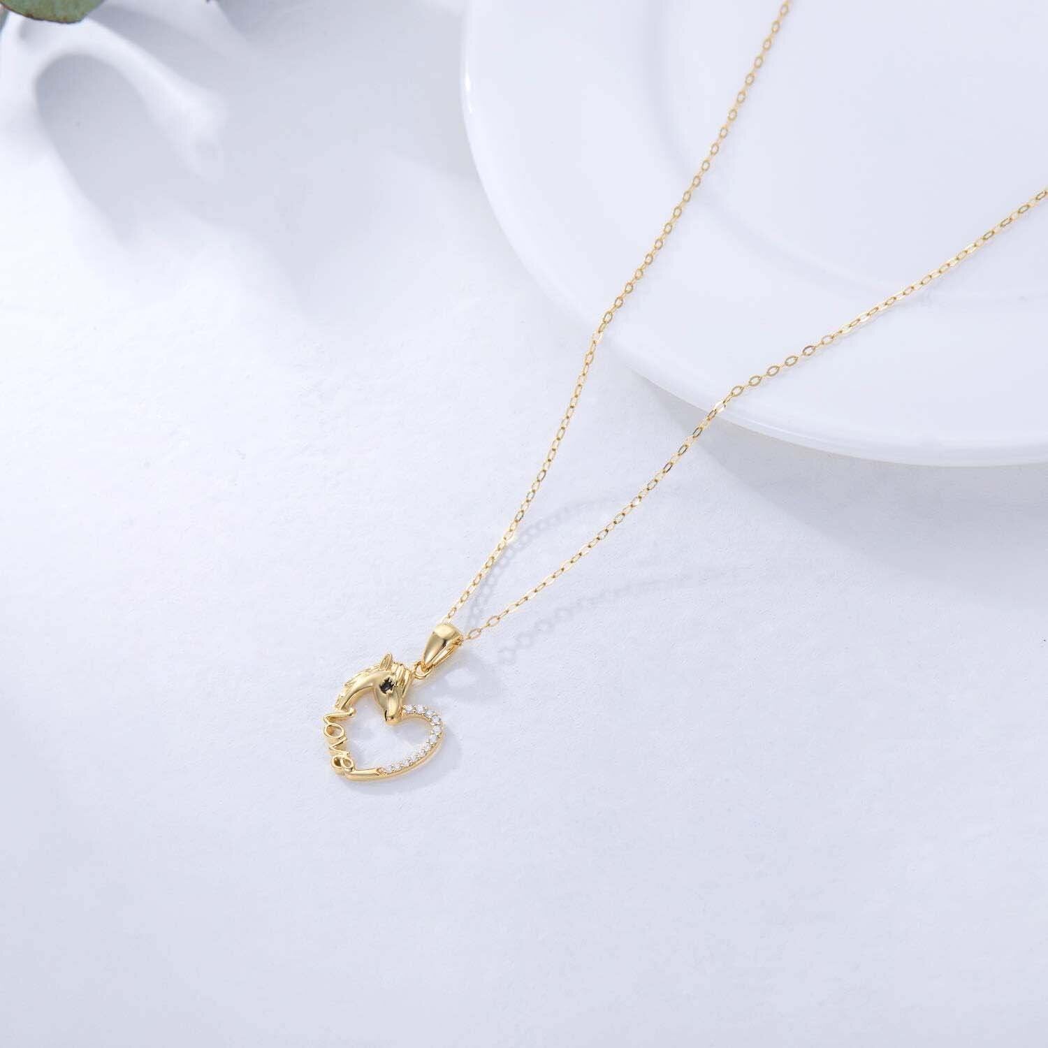 14K Gold Cubic Zirconia Horse Heart Necklace for Women