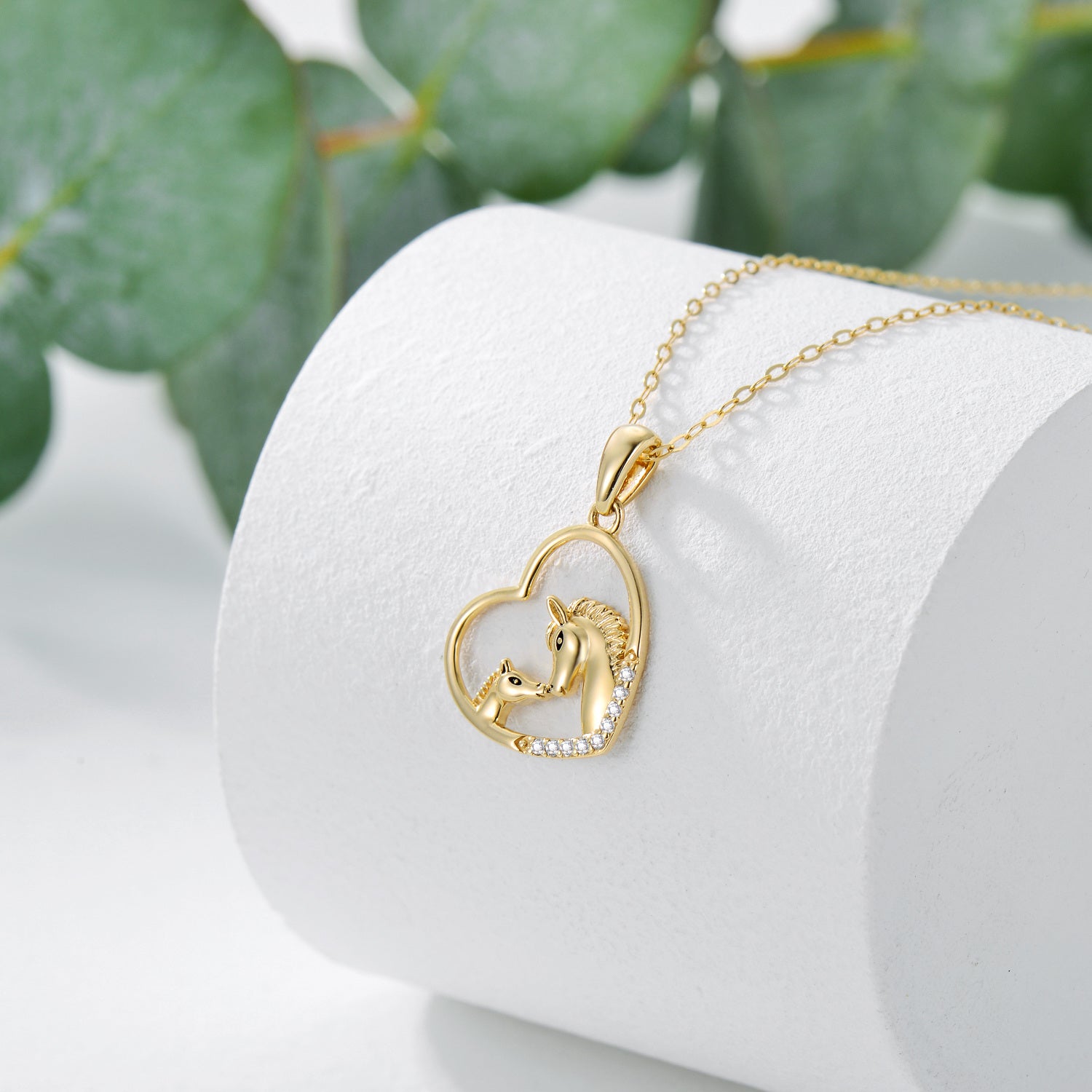 14K Gold Cubic Zirconia Horse & Heart Pendant Necklace