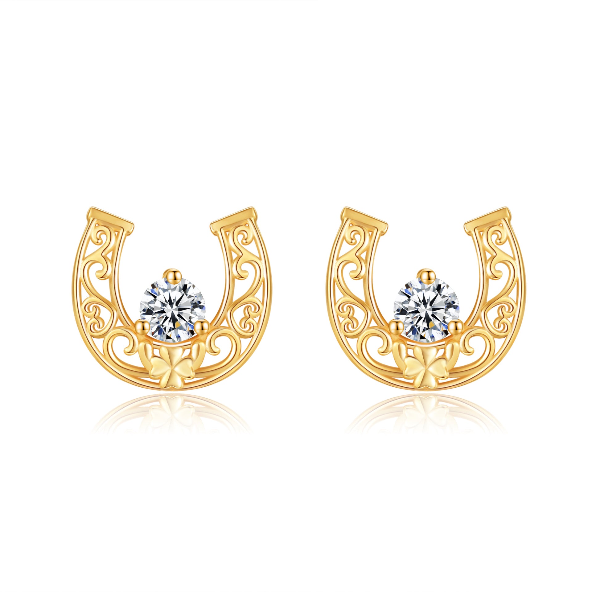 14K Gold Cubic Zirconia Horseshoe Stud Earrings