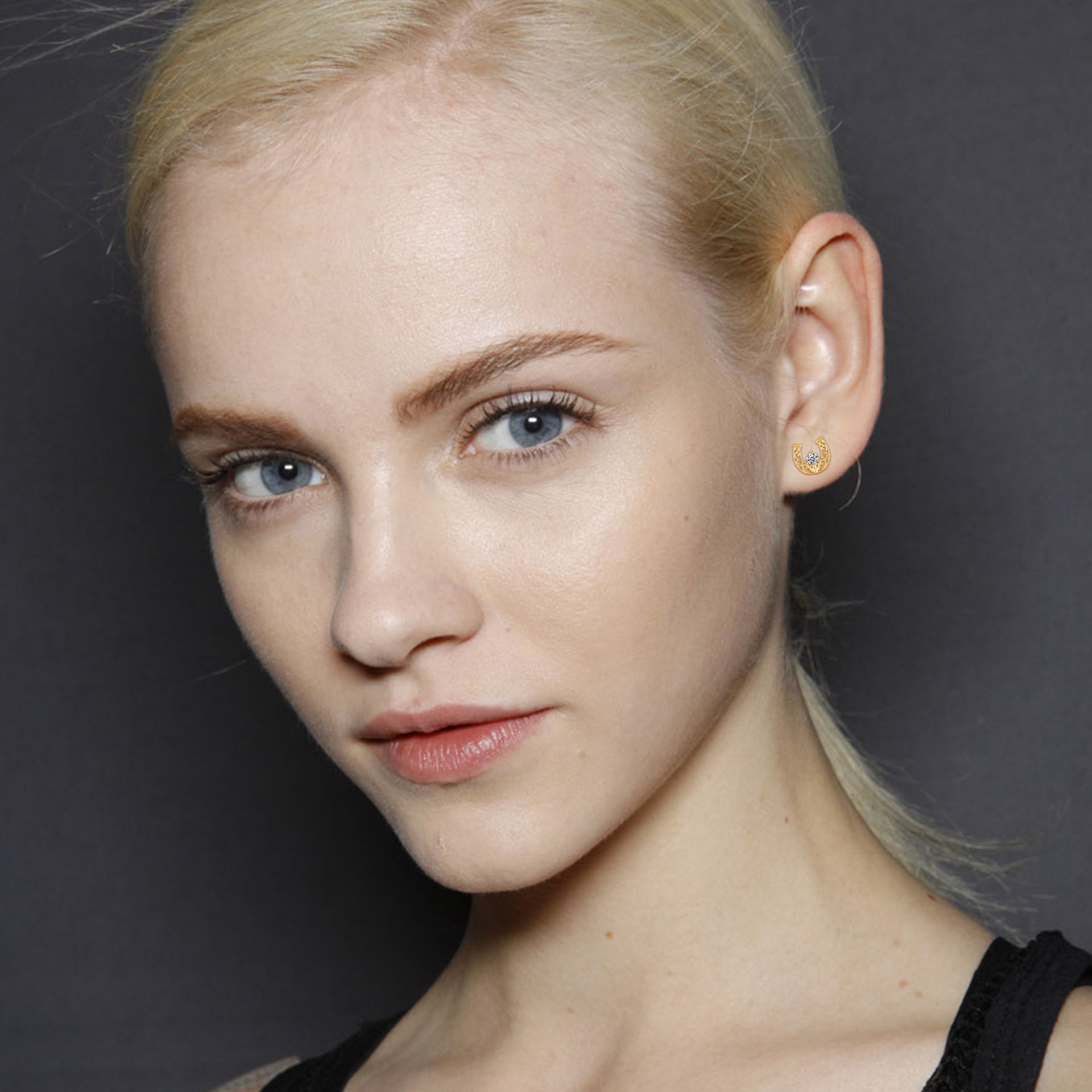 14K Gold Cubic Zirconia Horseshoe Stud Earrings