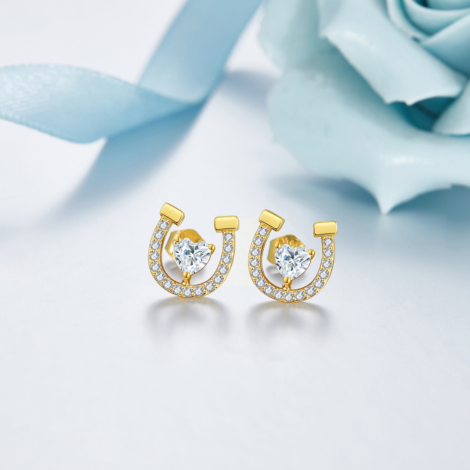 14K Gold Cubic Zirconia Horseshoe Stud Earrings