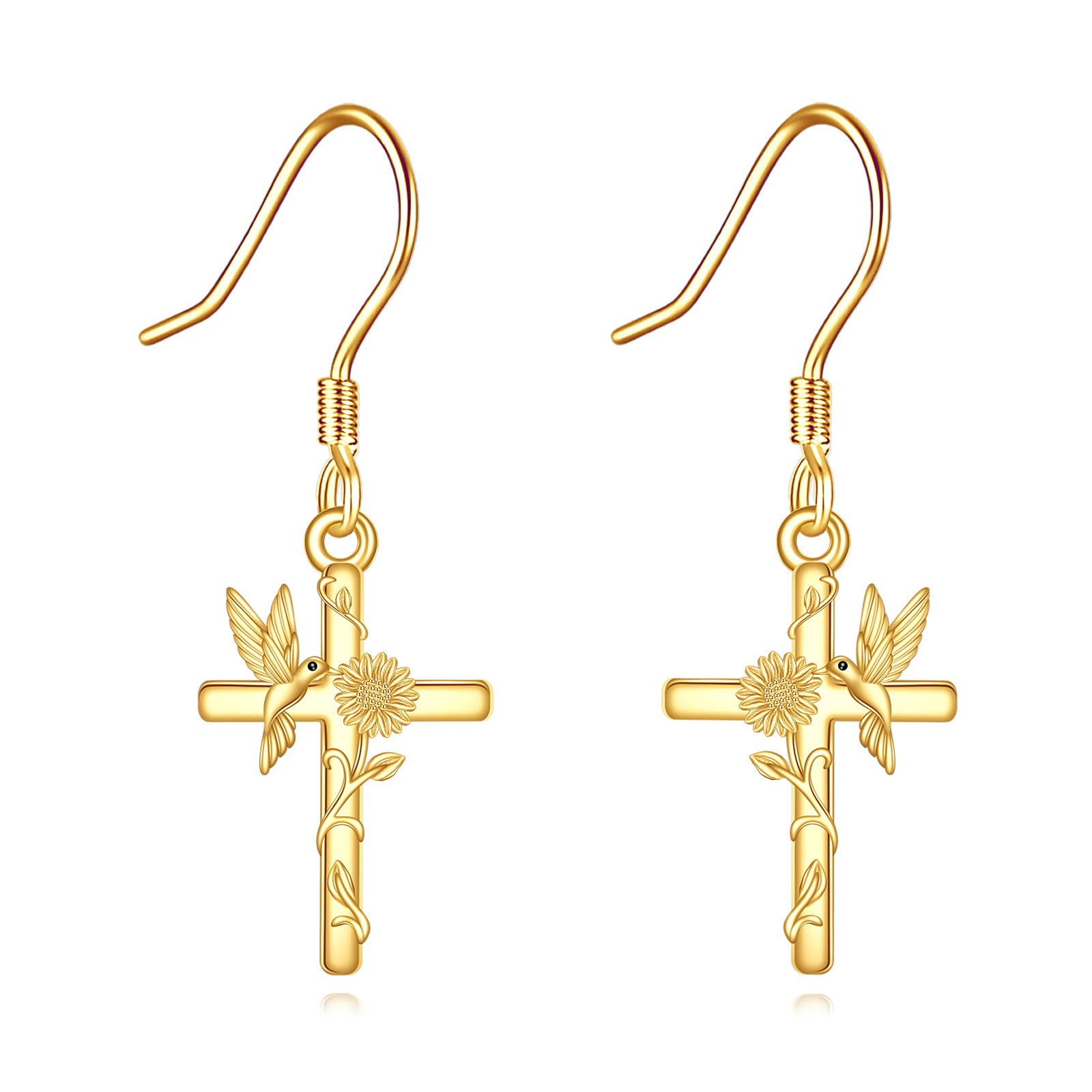 Sterling Silver with Yellow Gold Plated Hummingbird & Cross Drop Earrings