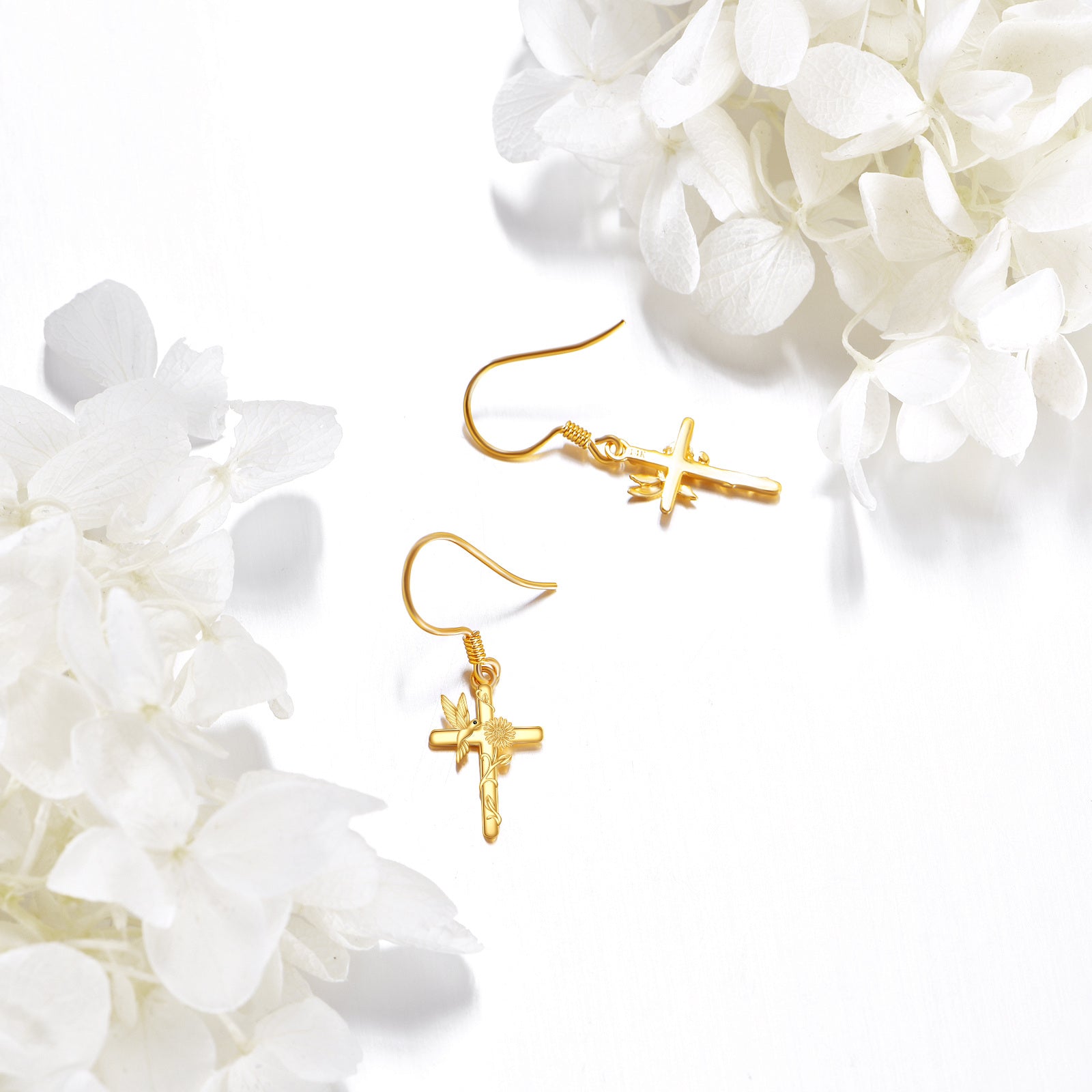 Sterling Silver with Yellow Gold Plated Hummingbird & Cross Drop Earrings