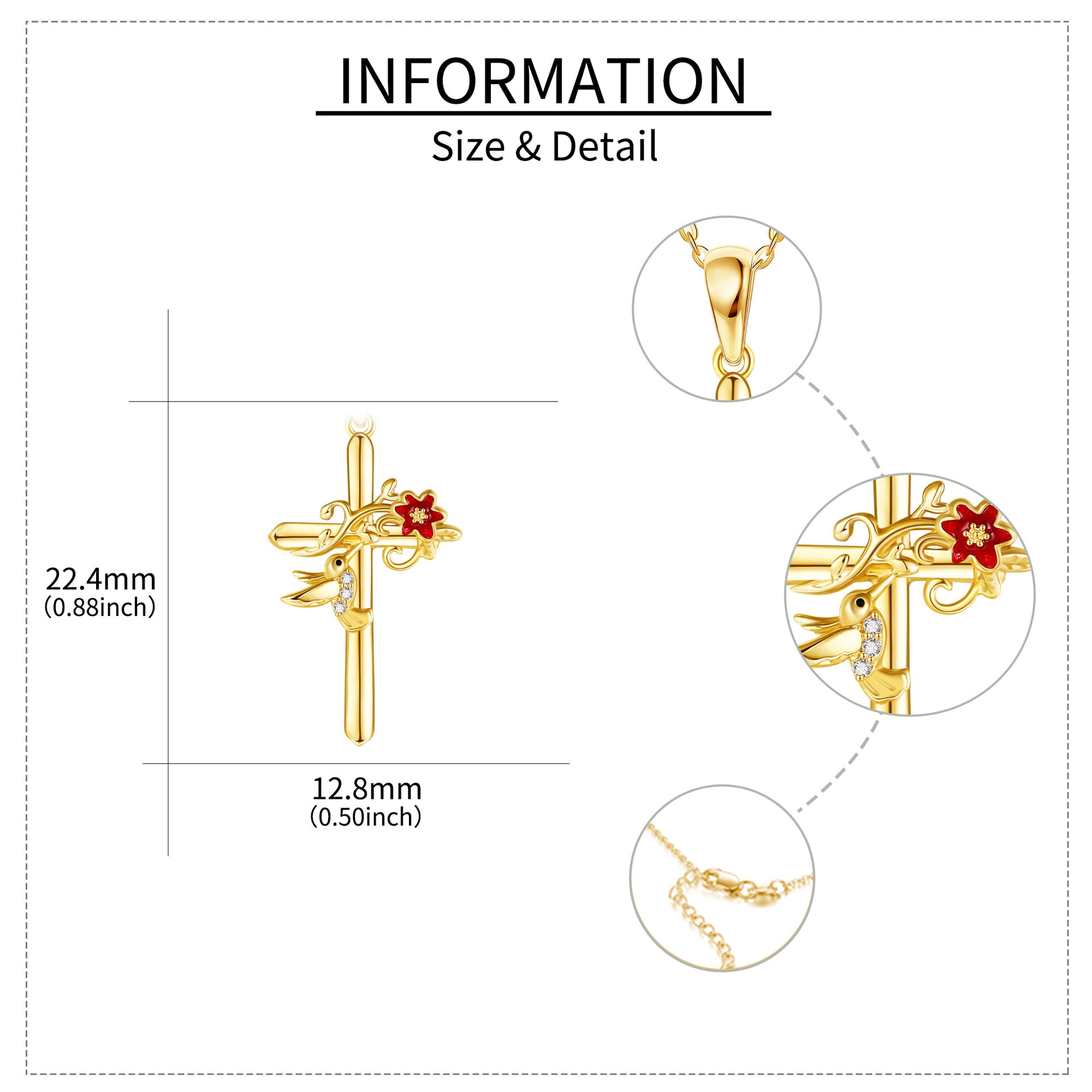 14K Gold Cubic Zirconia Hummingbird & Cross Pendant Necklace