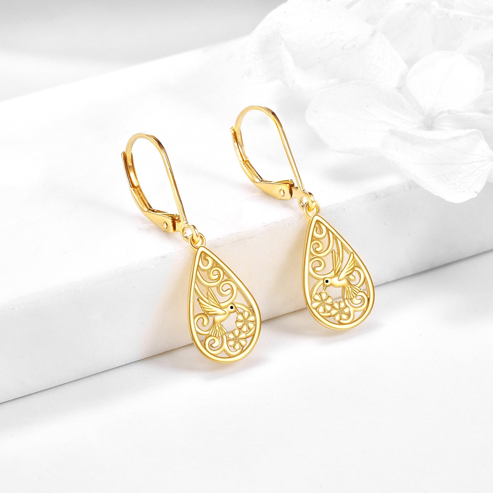 14K Gold Hummingbird Drop Earrings For Women