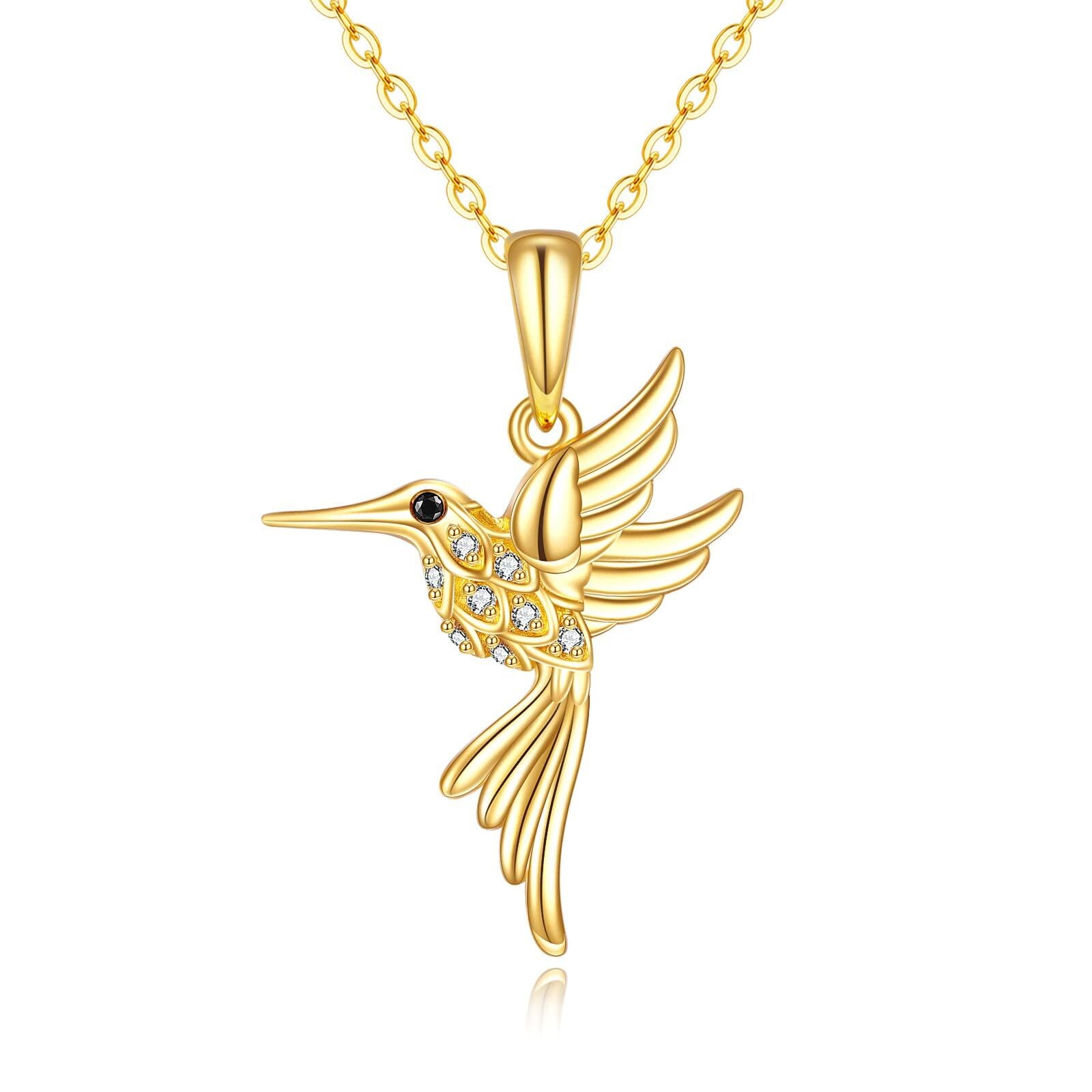 14K Gold Cubic Zirconia Hummingbird Pendant Necklace