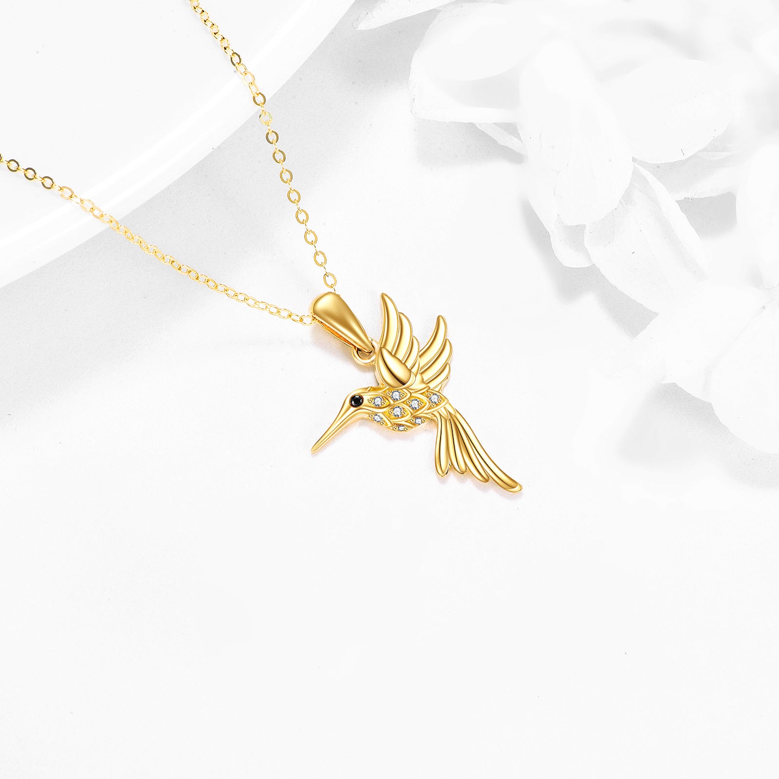 14K Gold Cubic Zirconia Hummingbird Pendant Necklace
