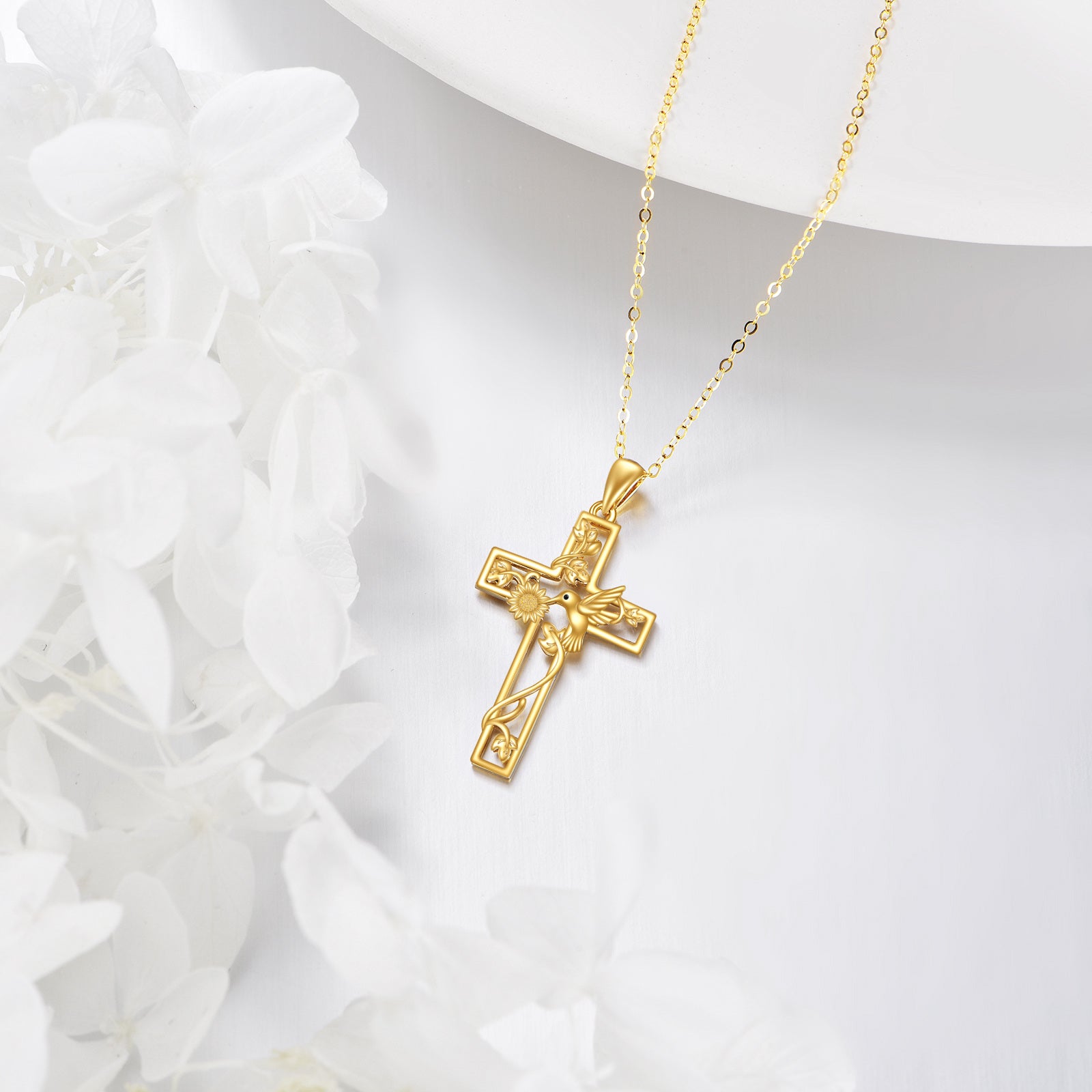 14K Gold Hummingbird & Sunflower & Cross Pendant Necklace