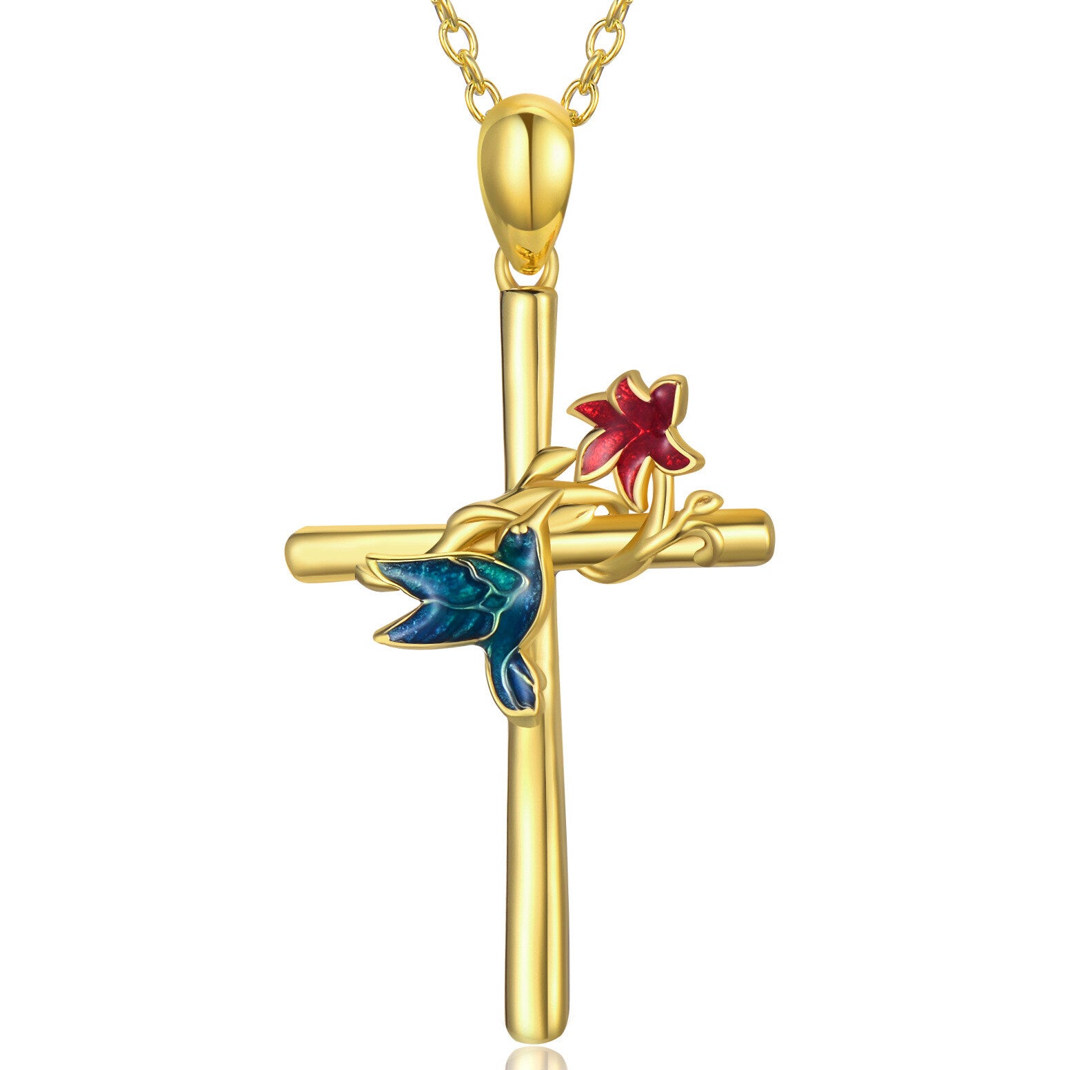 14K Gold Hummingbird & Wildflowers & Cross Pendant Necklace