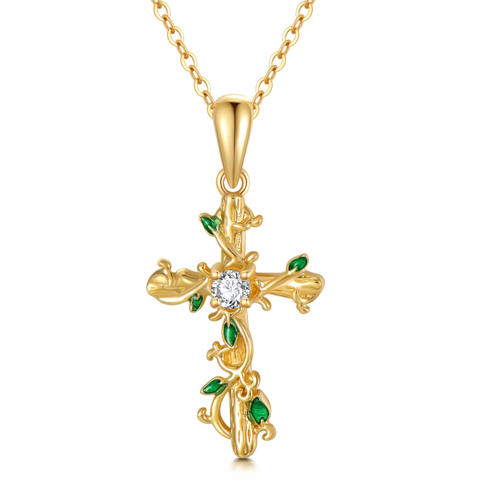 14K Gold Cubic Zirconia Ivy & Cross Pendant Necklace