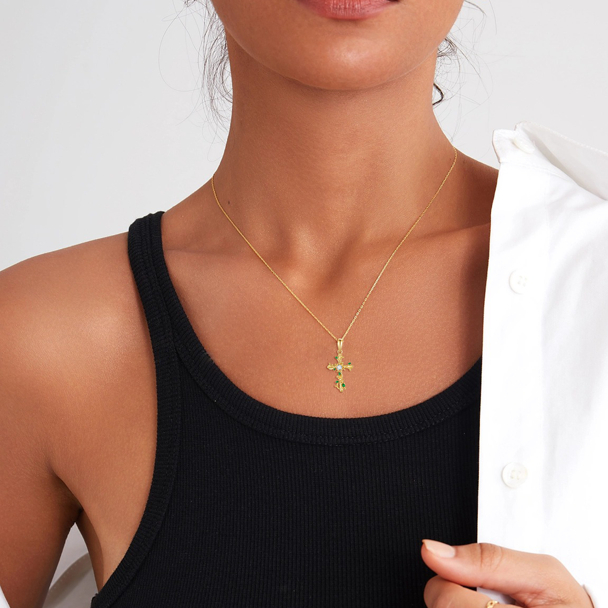 14K Gold Cubic Zirconia Ivy & Cross Pendant Necklace