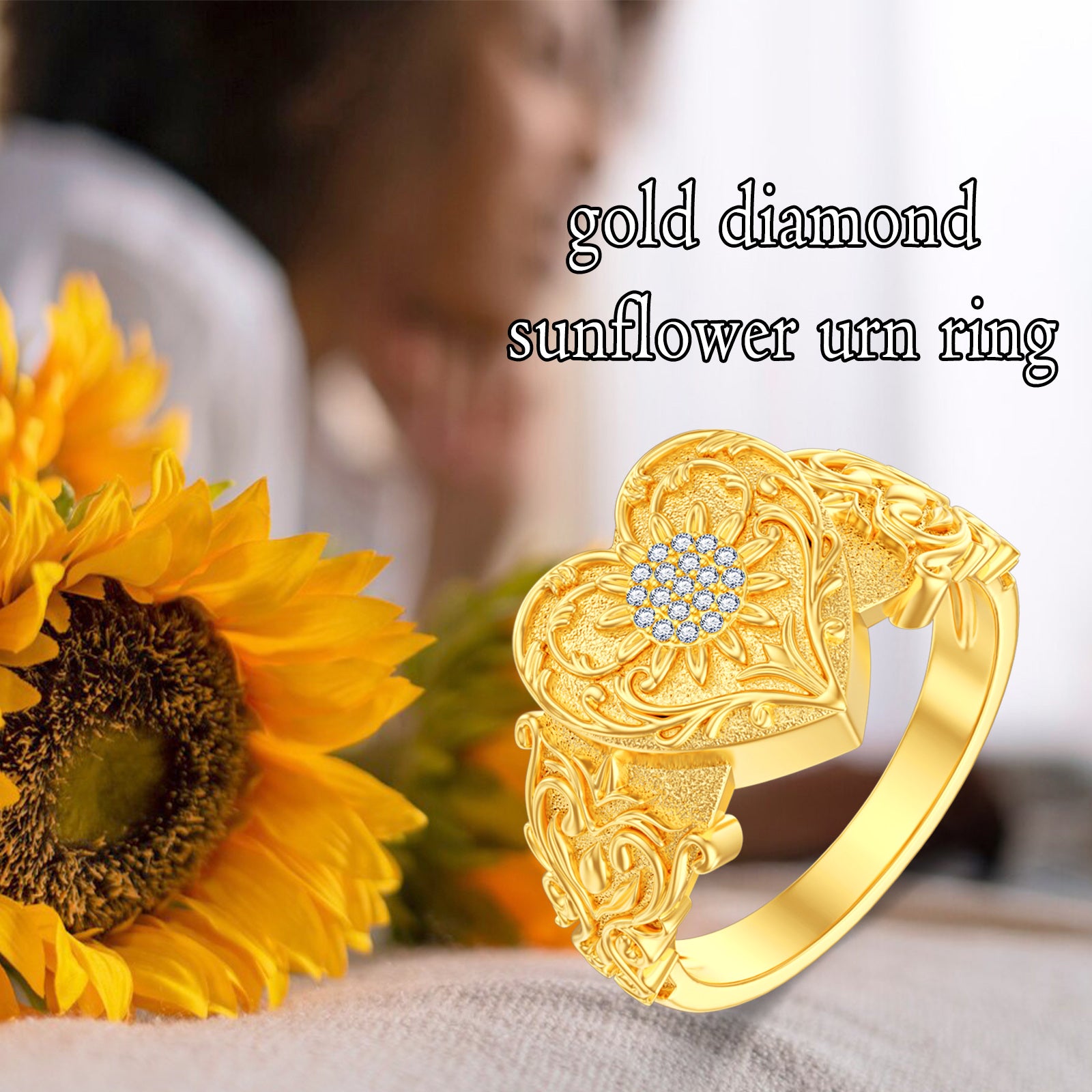 14K Gold Cubic Zirconia Ivy Heart Urn Ring for Ashes for Women