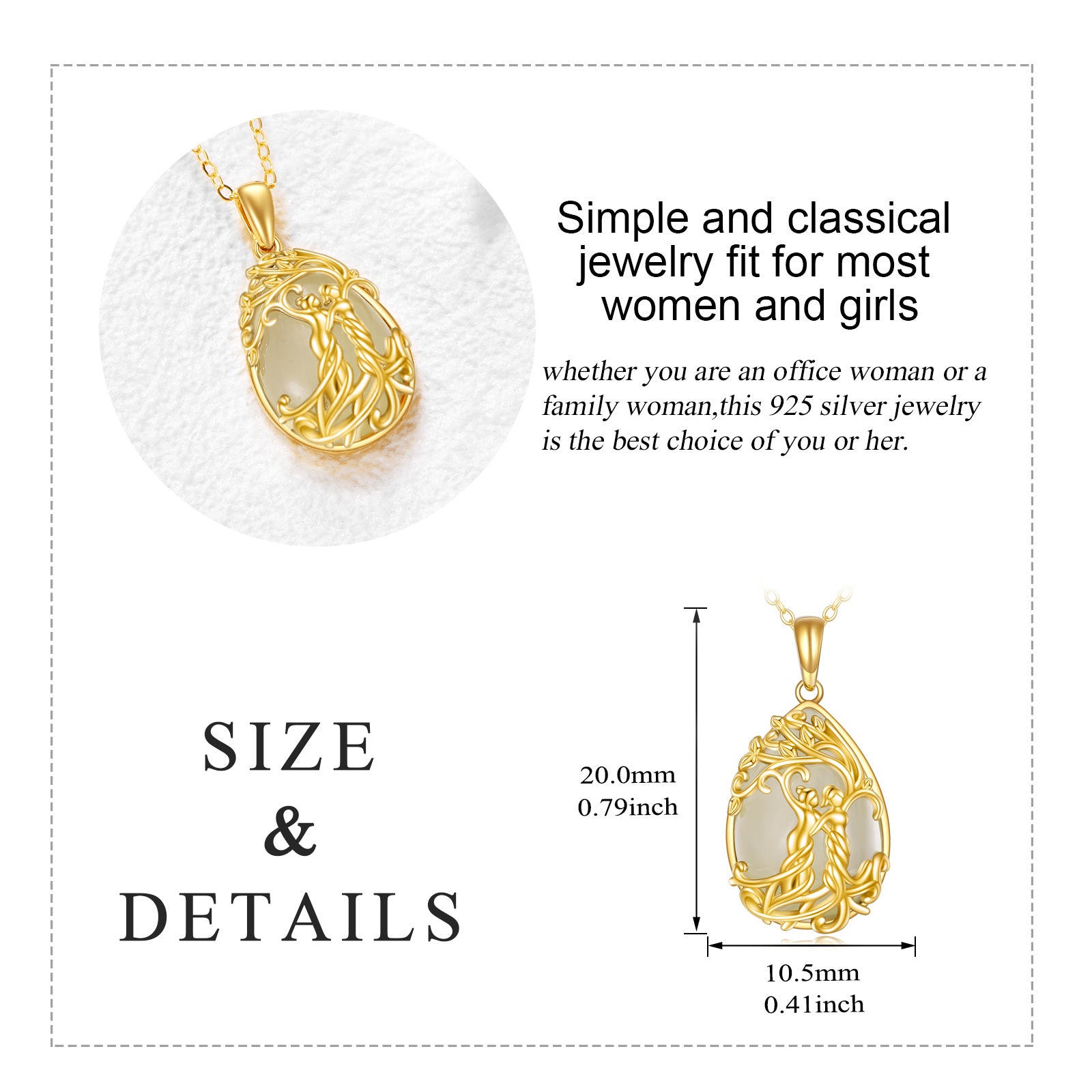 14K Gold Jade Tree Of Life & Sisters Pendant Necklace