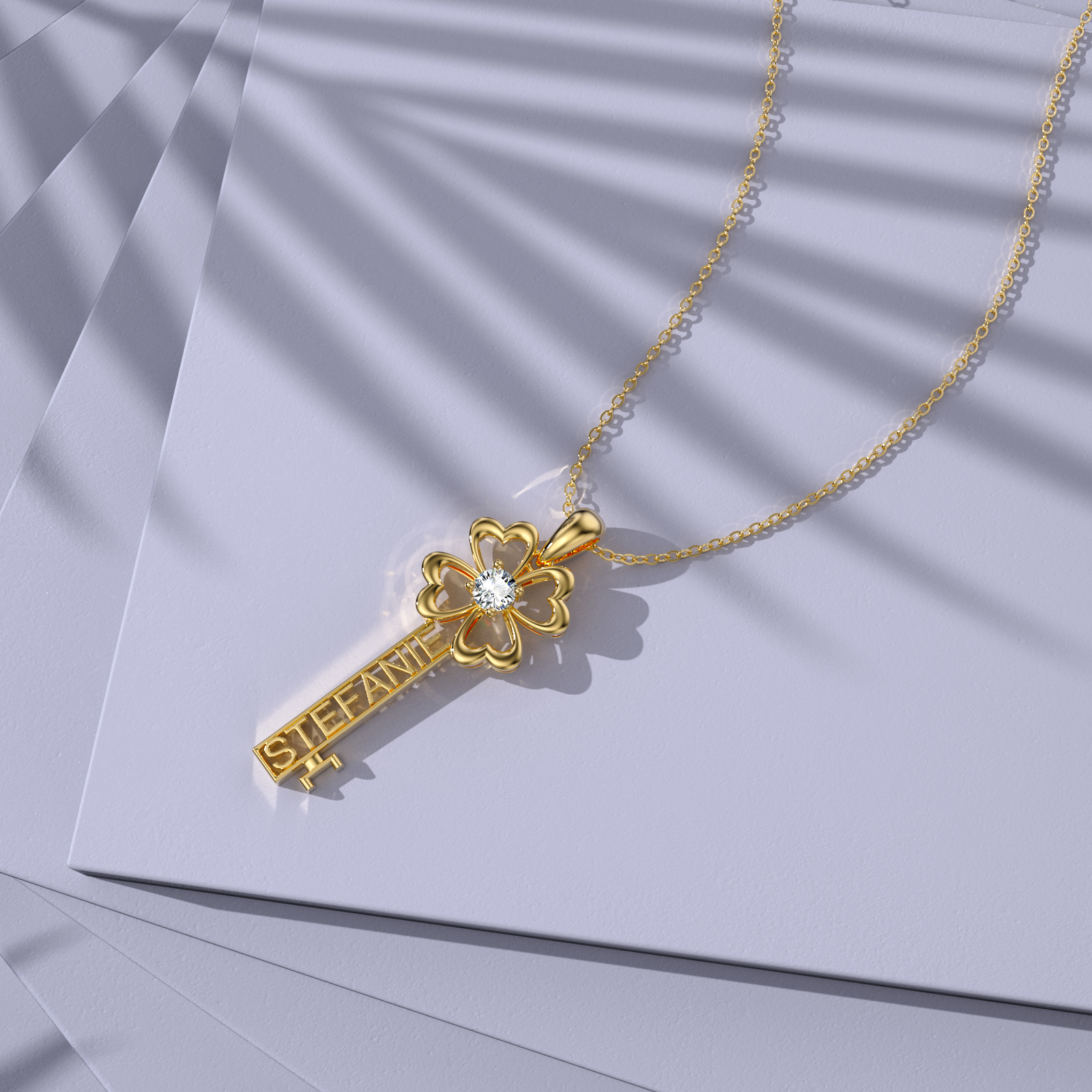 14K Gold Cubic Zirconia Key Pendant Necklace