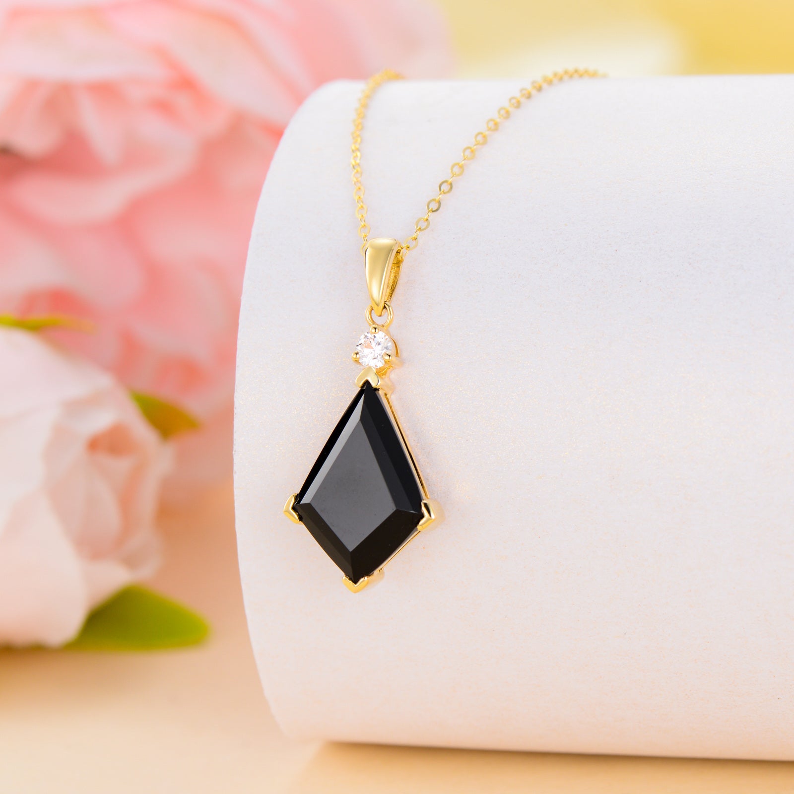 14K Gold Kite Cut Black Agate Pendant Necklace