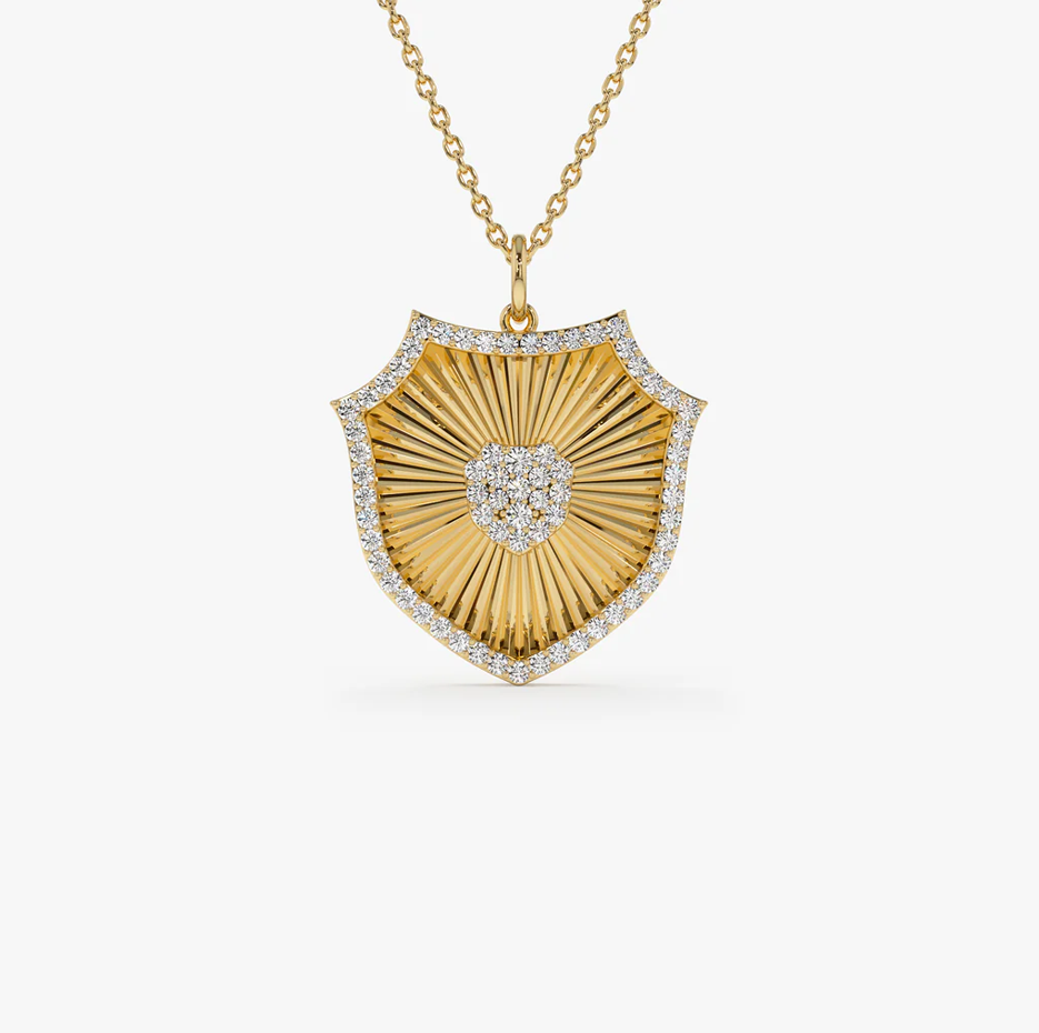 14K Gold Lab Created Diamond Shield Medallion Pendant