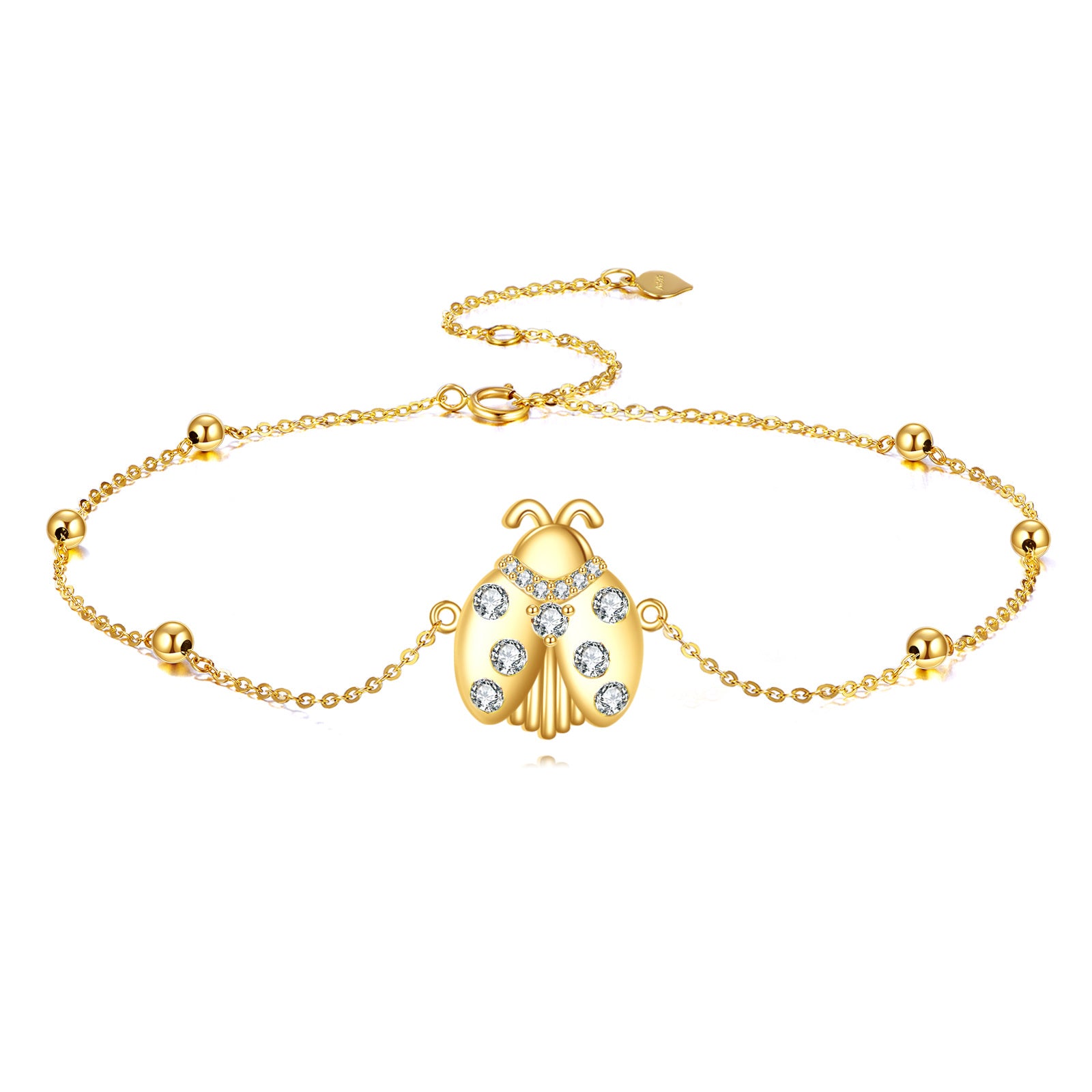 14K Gold Cubic Zirconia Ladybug Charm Bracelet