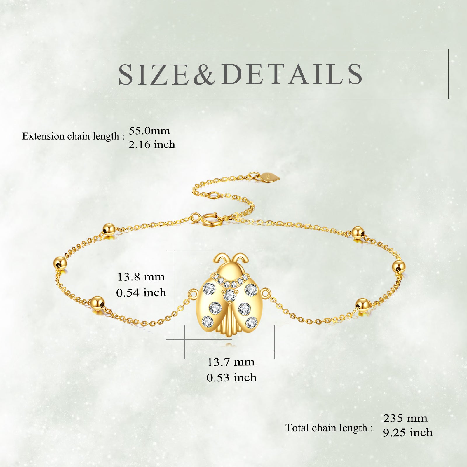 14K Gold Cubic Zirconia Ladybug Charm Bracelet