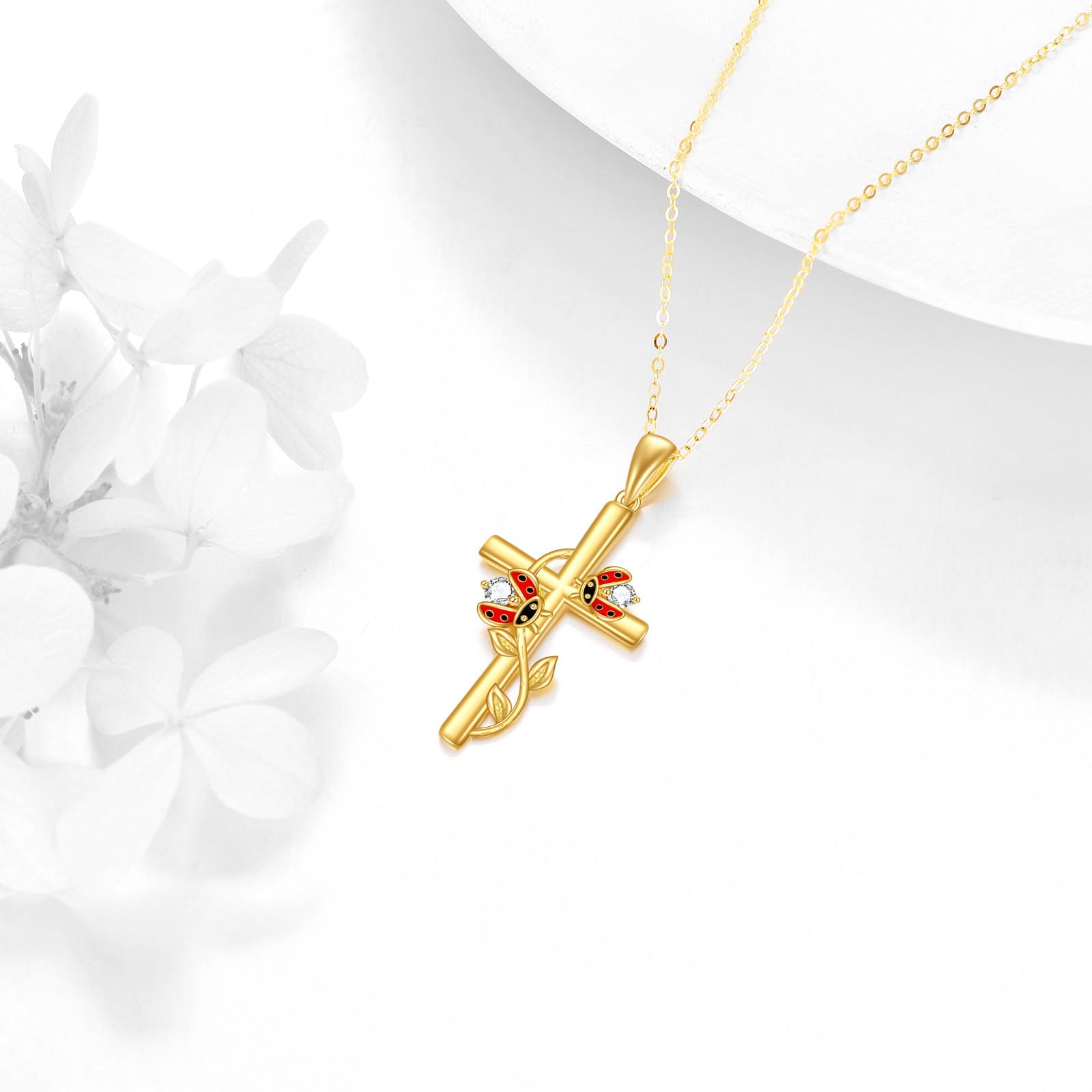 14K Gold Cubic Zirconia Ladybug & Cross Pendant Necklace