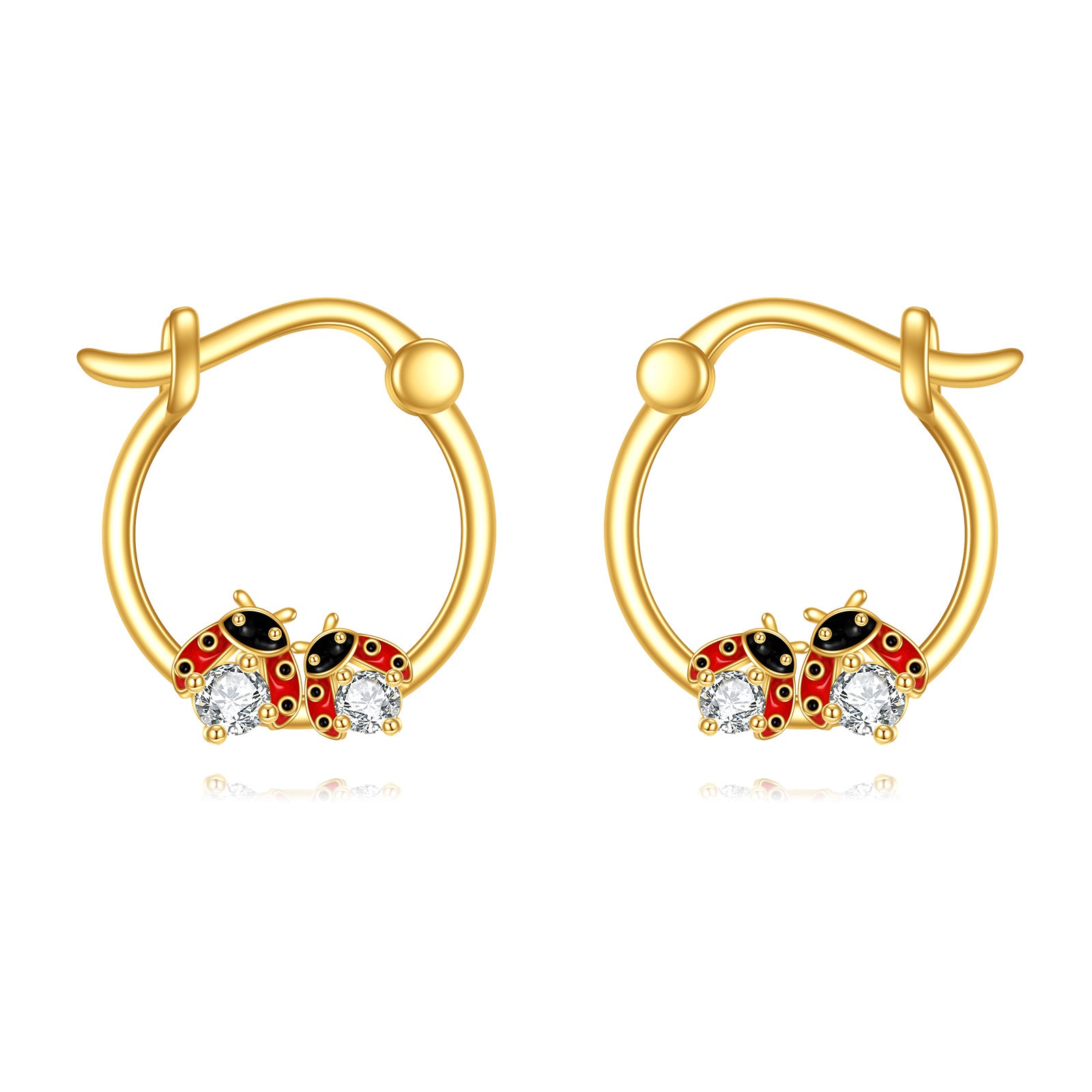 14K Gold Cubic Zirconia Ladybug Hoop Earrings