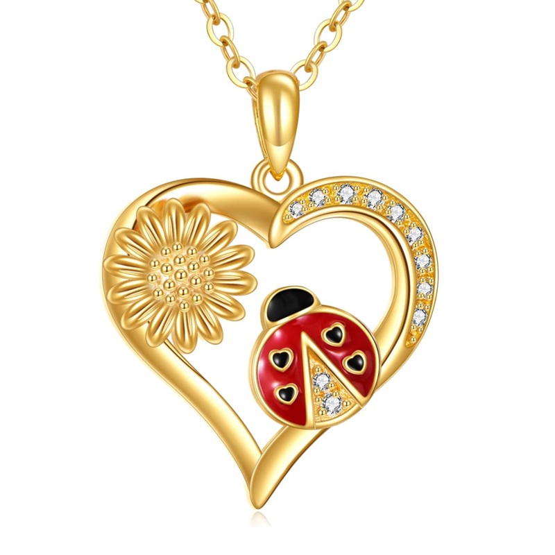 14K Gold Ladybug Wildflowers Heart Necklace for Women