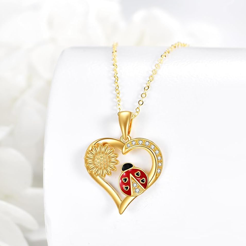 14K Gold Ladybug Wildflowers Heart Necklace for Women