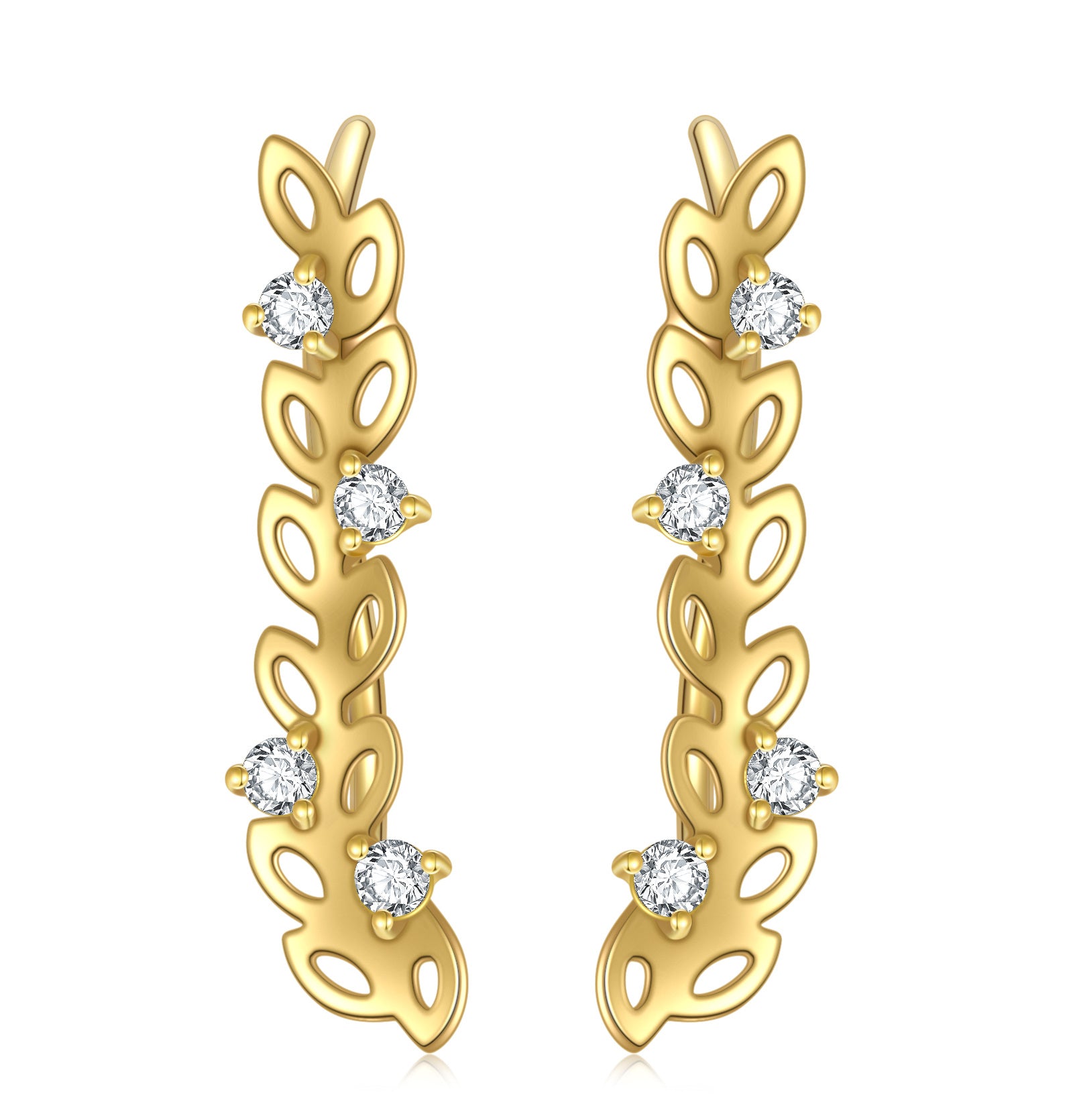 14K Gold Cubic Zirconia Leaves Climber Earrings