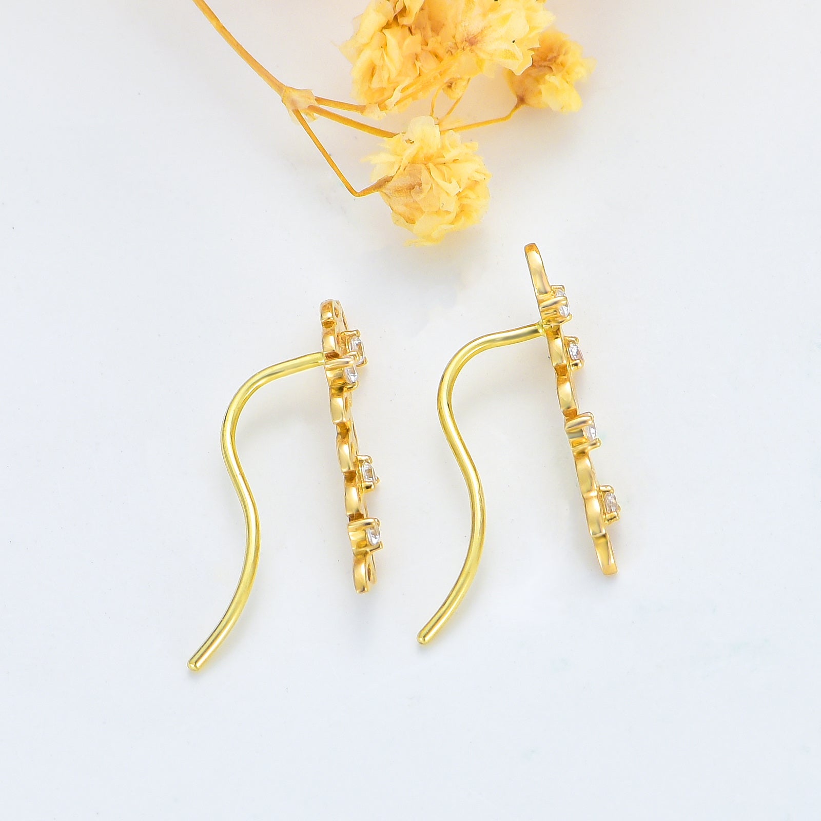 14K Gold Cubic Zirconia Leaves Climber Earrings