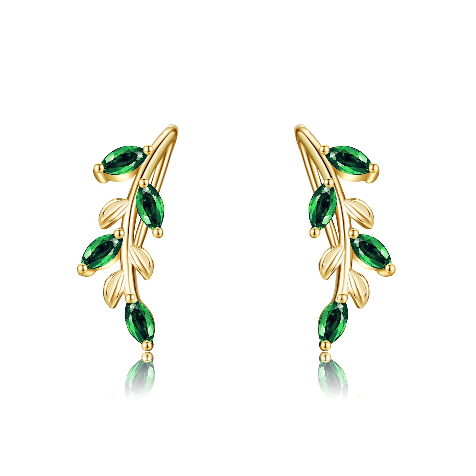 14K Gold Cubic Zirconia Leaves Climber Earrings