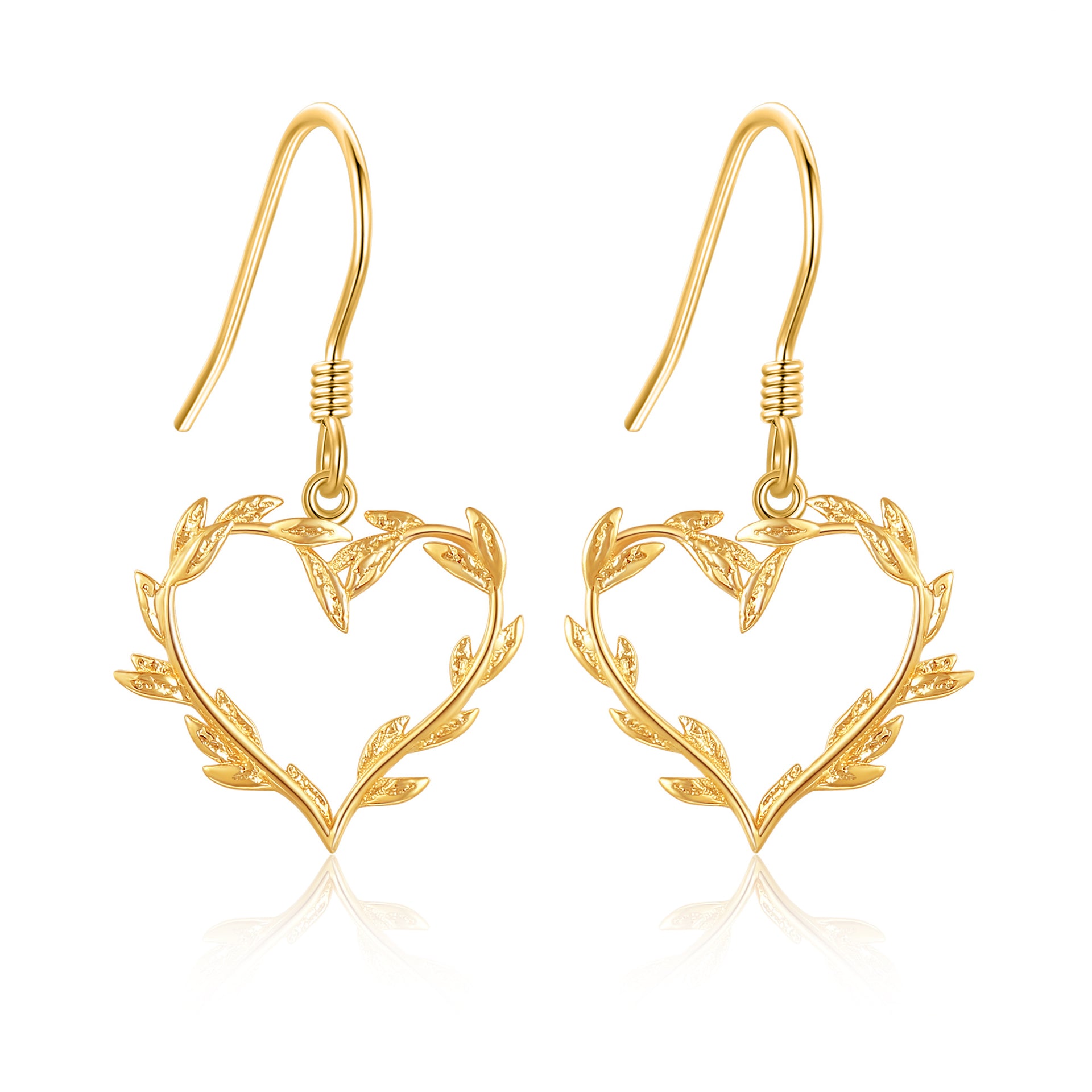 14K Gold Leaves & Heart Drop Earrings