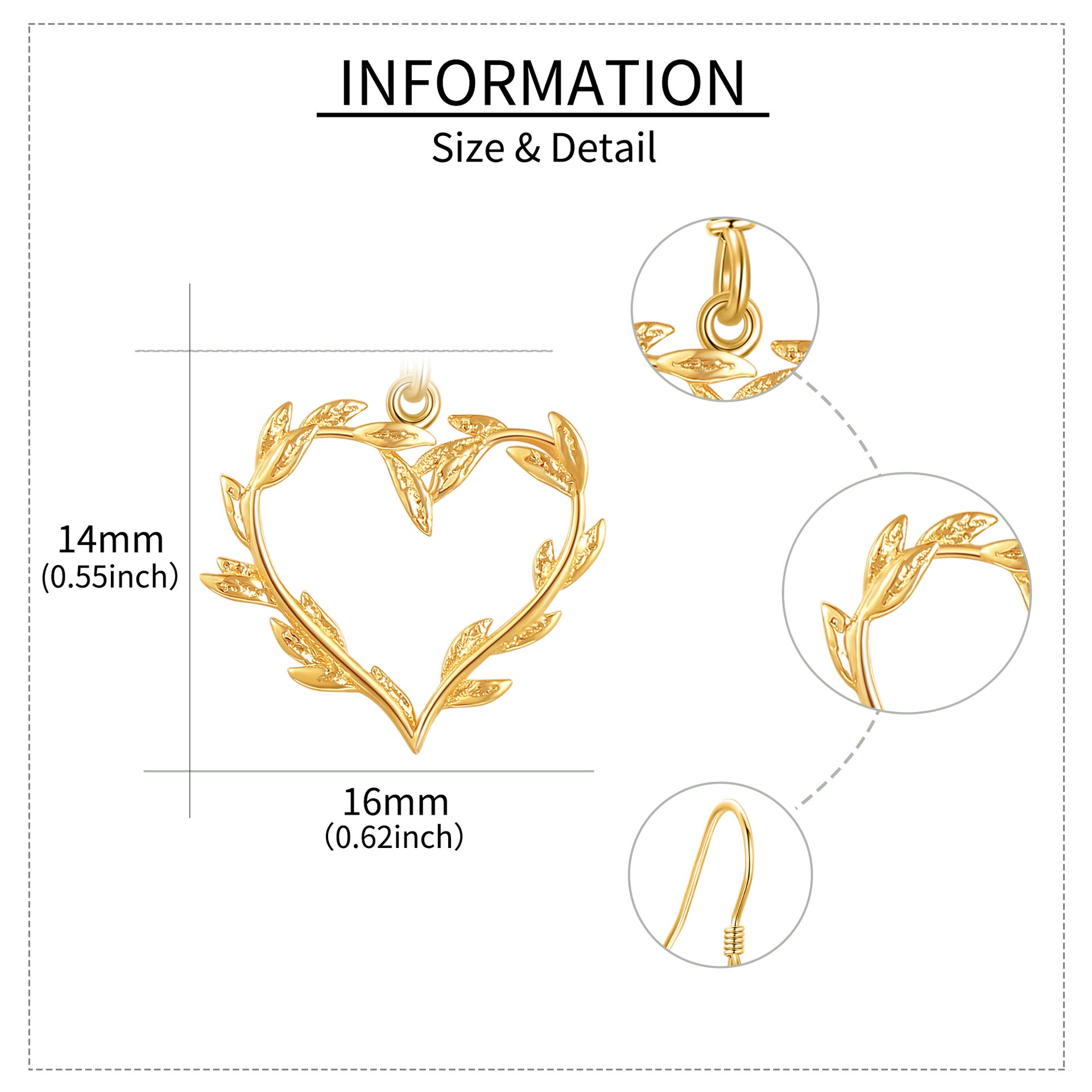 14K Gold Leaves & Heart Drop Earrings