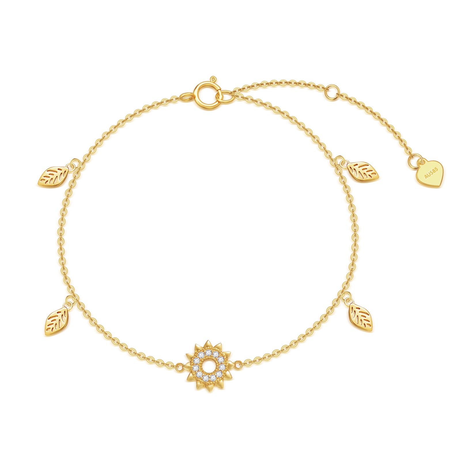 14K Gold Cubic Zirconia Leaves & Sunflower Charm Bracelet