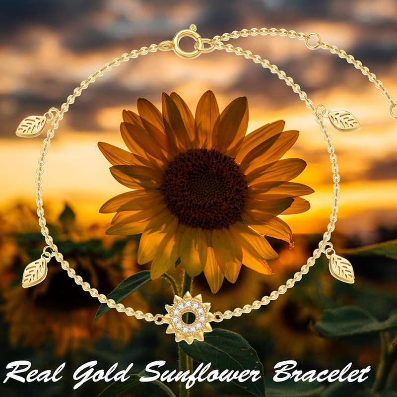 14K Gold Cubic Zirconia Leaves & Sunflower Charm Bracelet