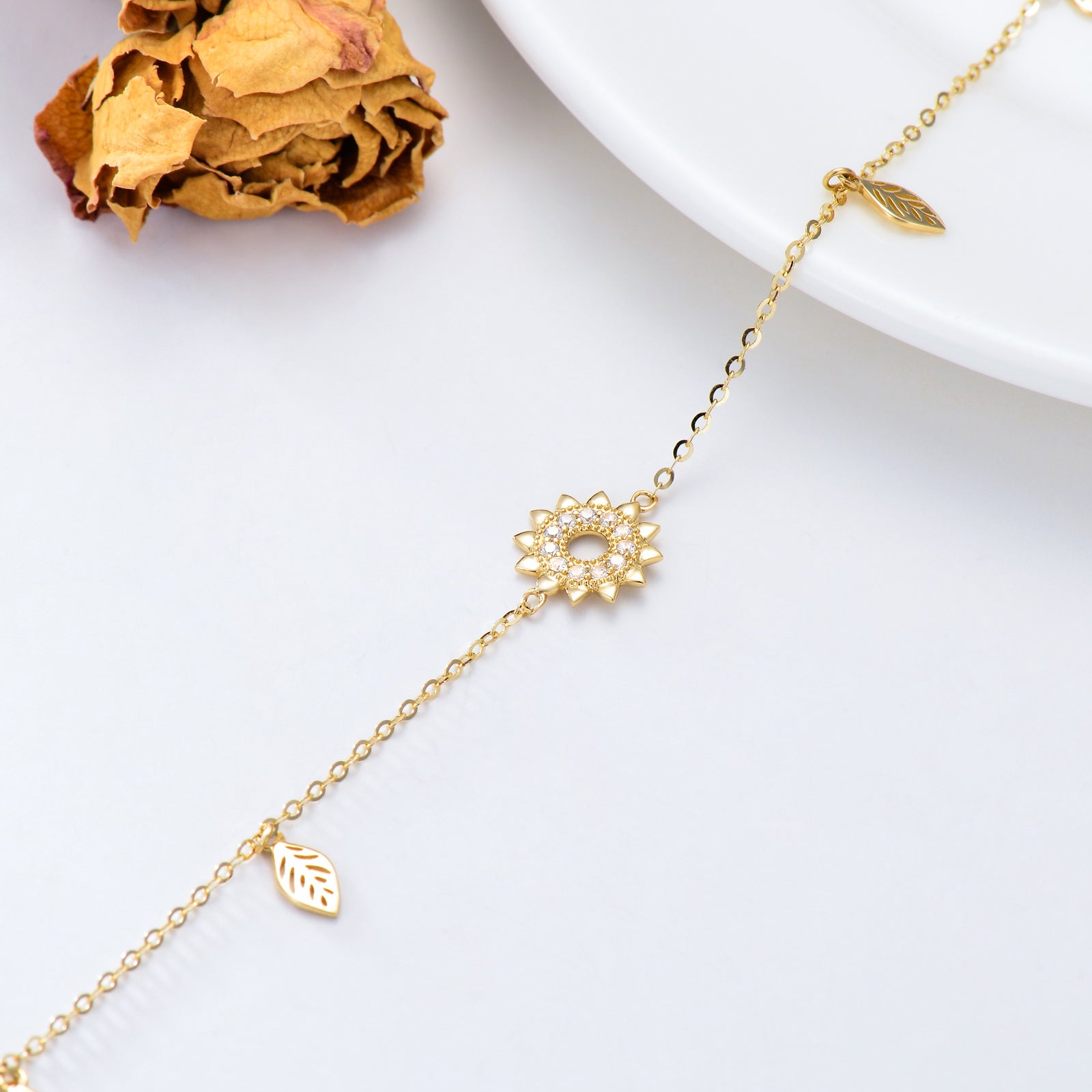 14K Gold Cubic Zirconia Leaves & Sunflower Charm Bracelet