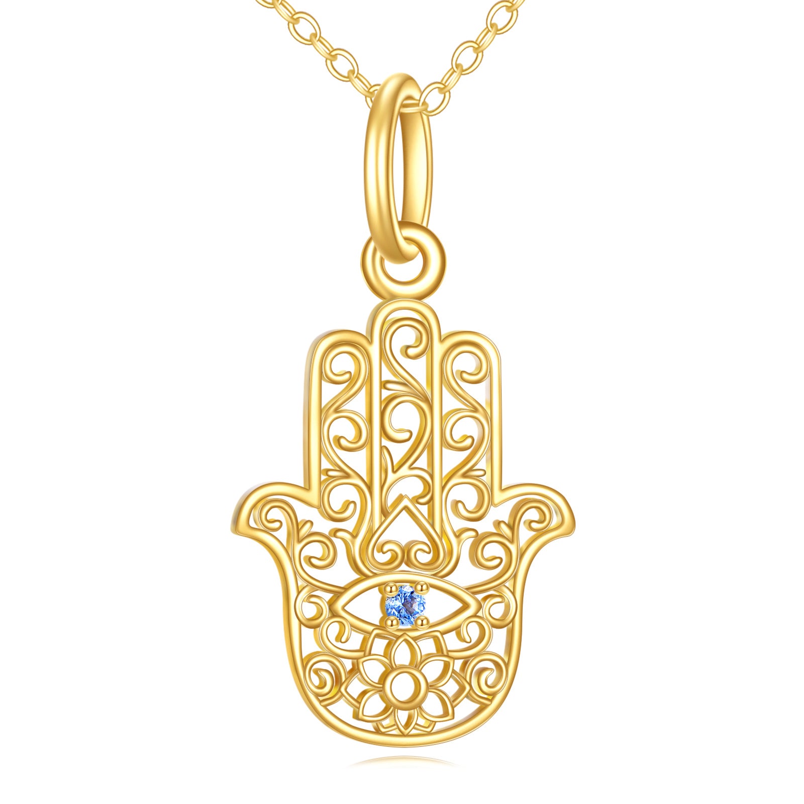 14K Gold Cubic Zirconia Lotus & Hamsa Hand Pendant Necklace