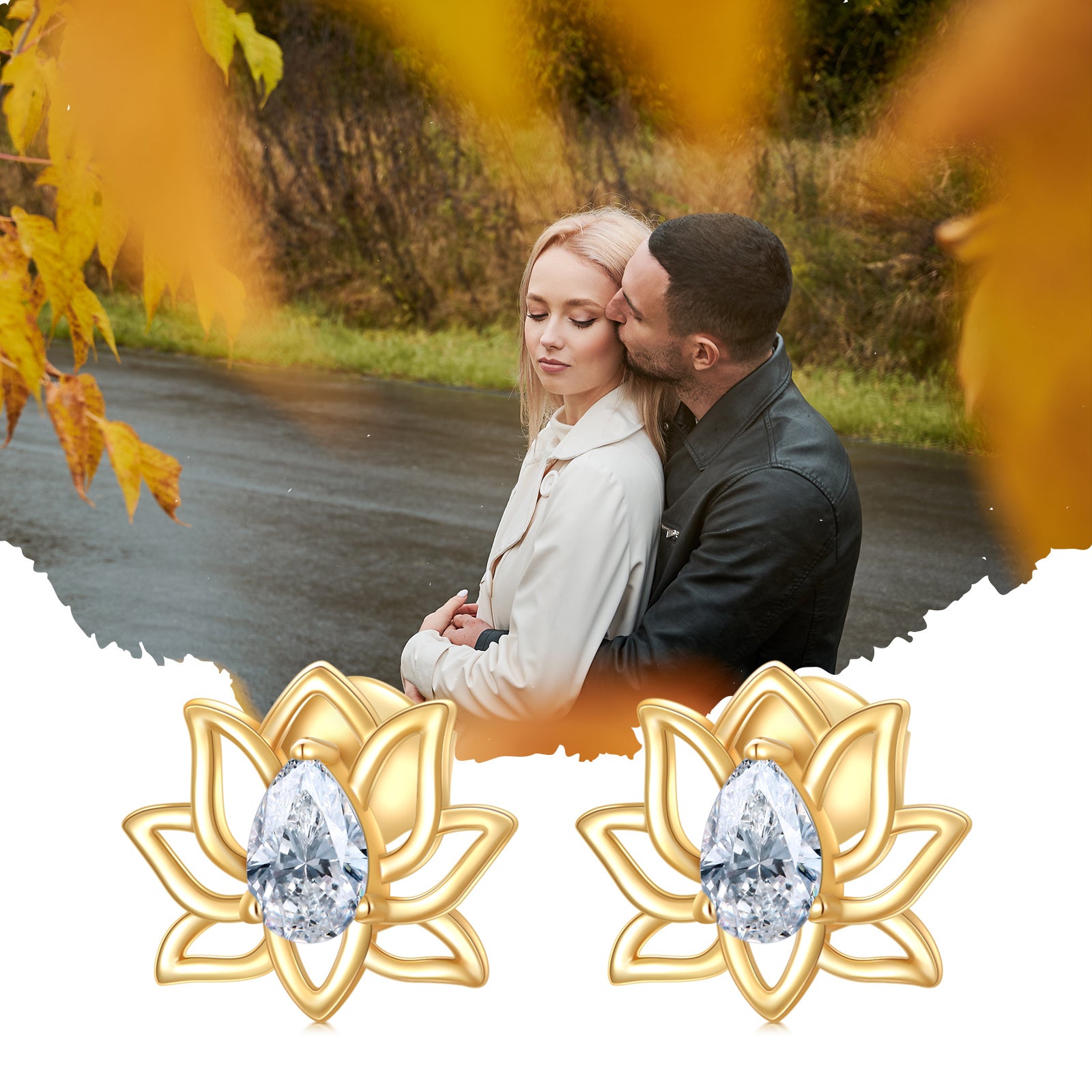 14K Gold Cubic Zirconia Lotus Stud Earrings