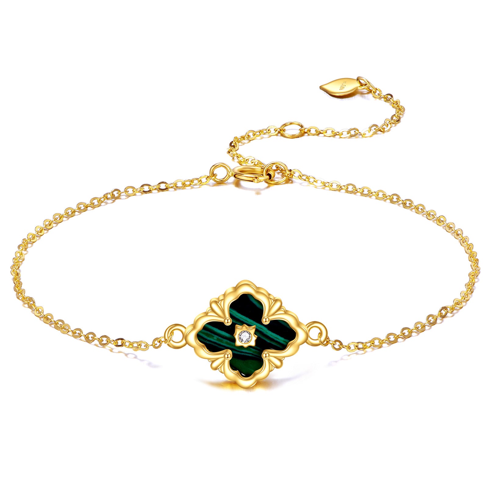 14K Gold Cubic Zirconia & Malachite Four Leaf Clover Charm Bracelet