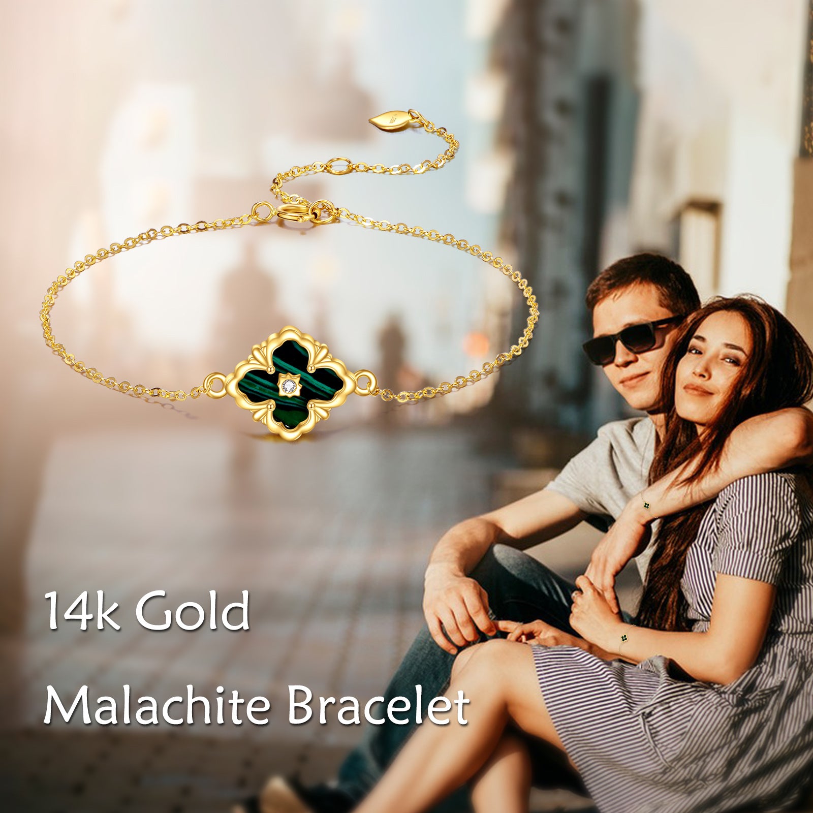 14K Gold Cubic Zirconia & Malachite Four Leaf Clover Charm Bracelet